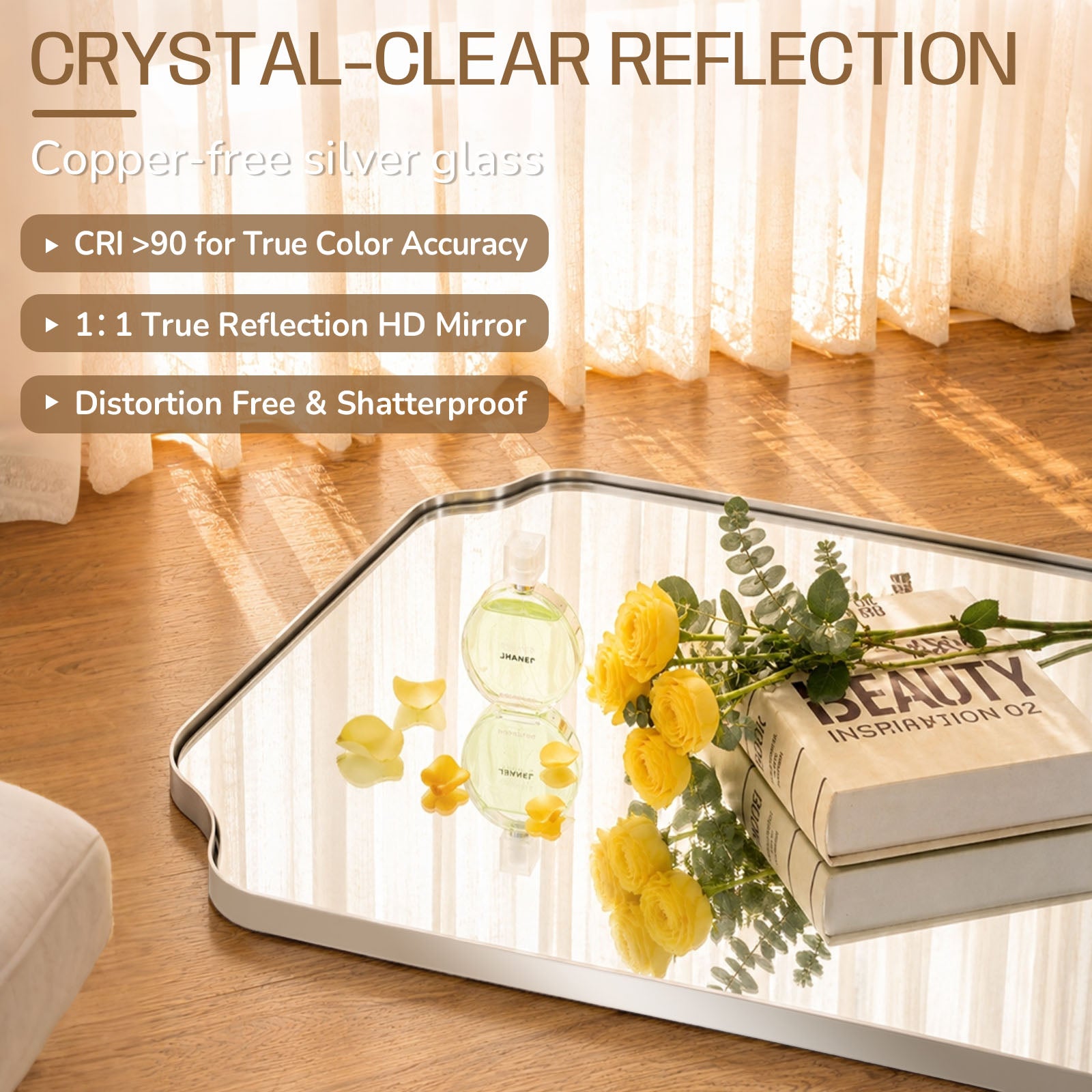 Modern Top Notched Corner Scalloped Bathroom Rectangle Vanity Wall Mirror | Stainless Steel Frame