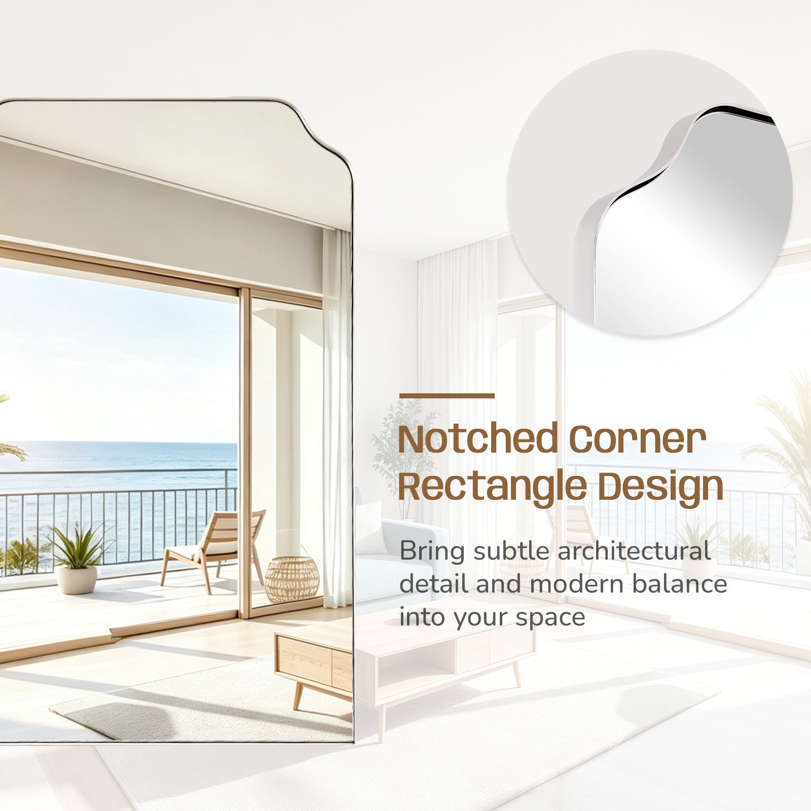 Modern Top Notched Corner Scalloped Bathroom Rectangle Vanity Wall Mirror | Stainless Steel Frame