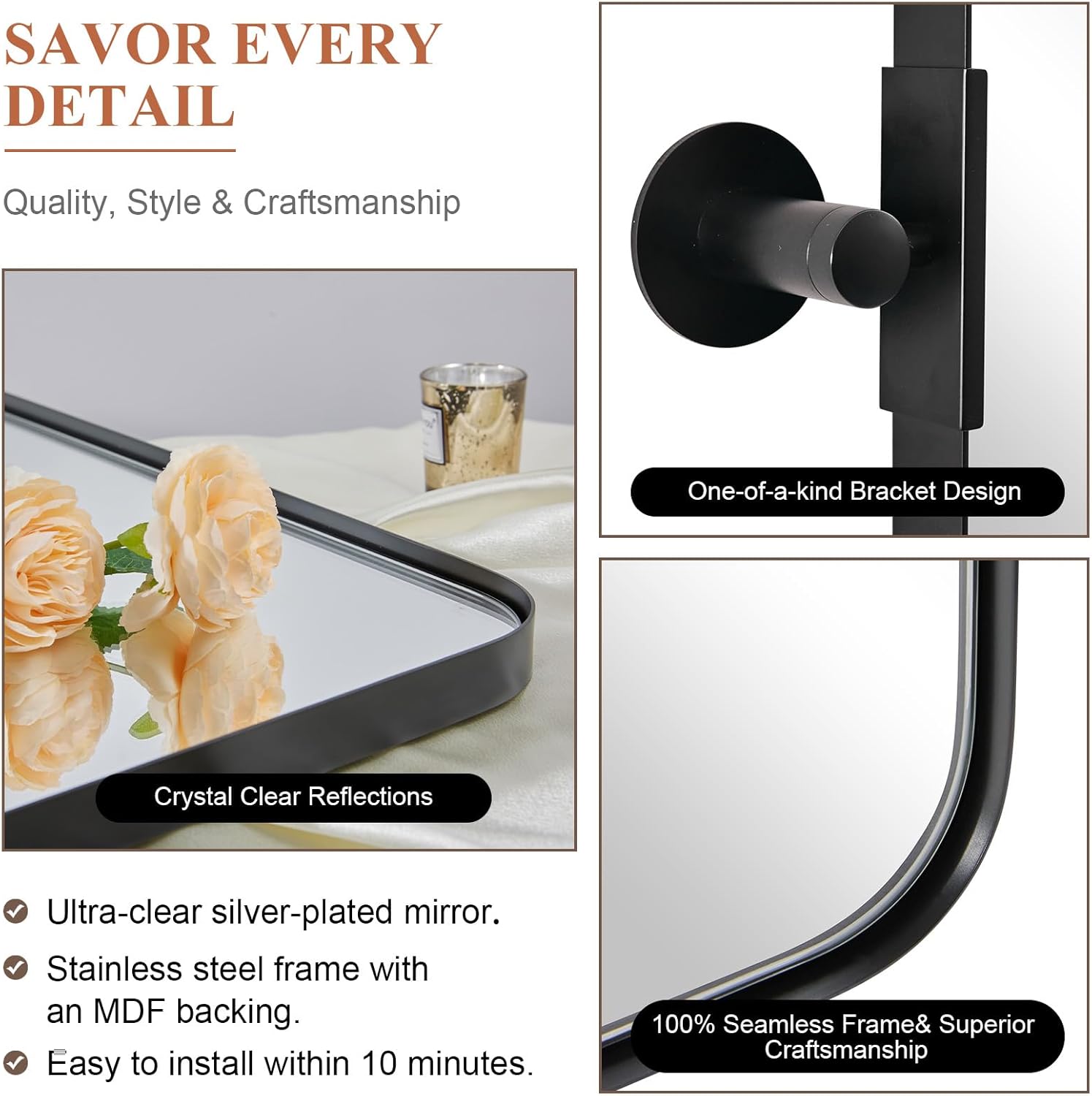 Tilting Rectangular Pivot Mirror for Bathroom/Vanity Floating Mirror | Stainless Steel Frame