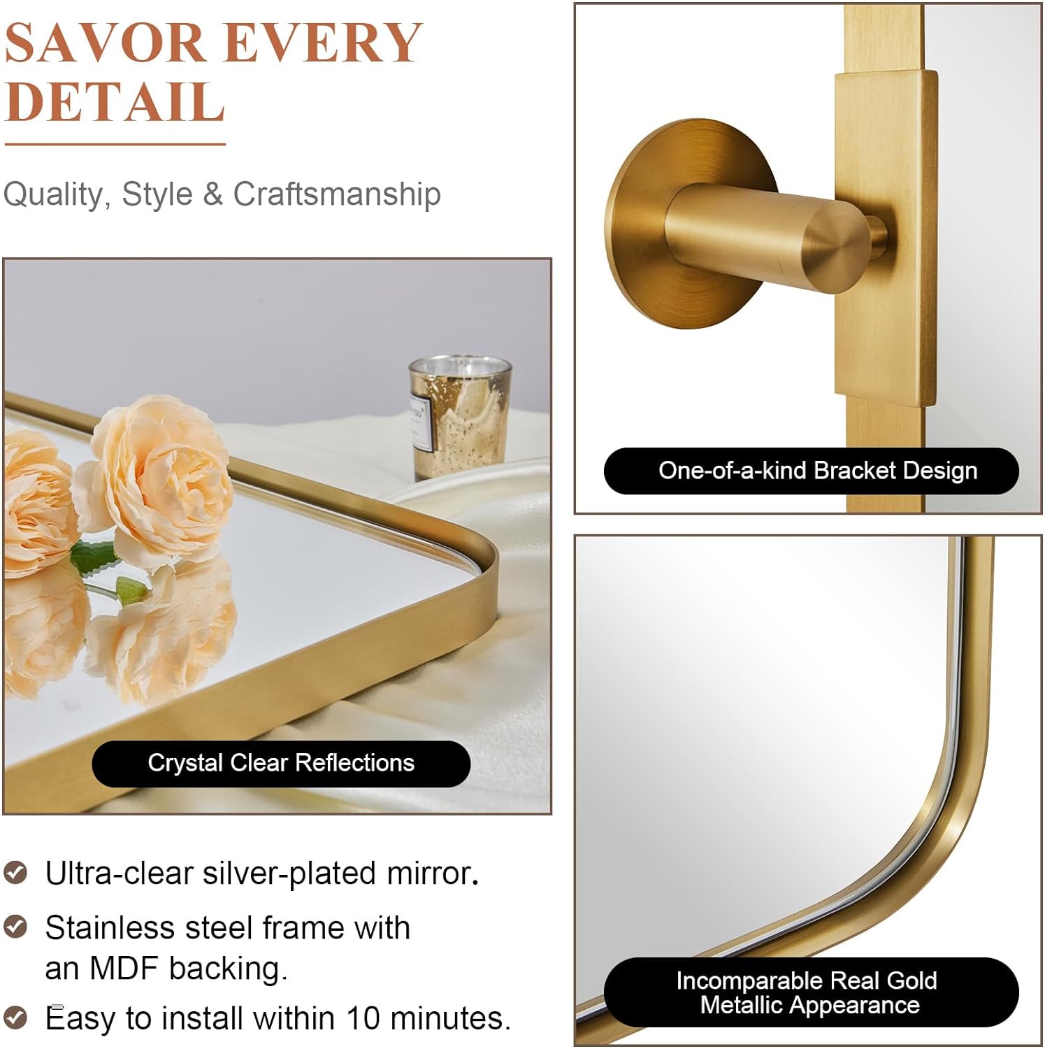 Tilting Rectangular Pivot Mirror for Bathroom/Vanity Floating Mirror | Stainless Steel Frame