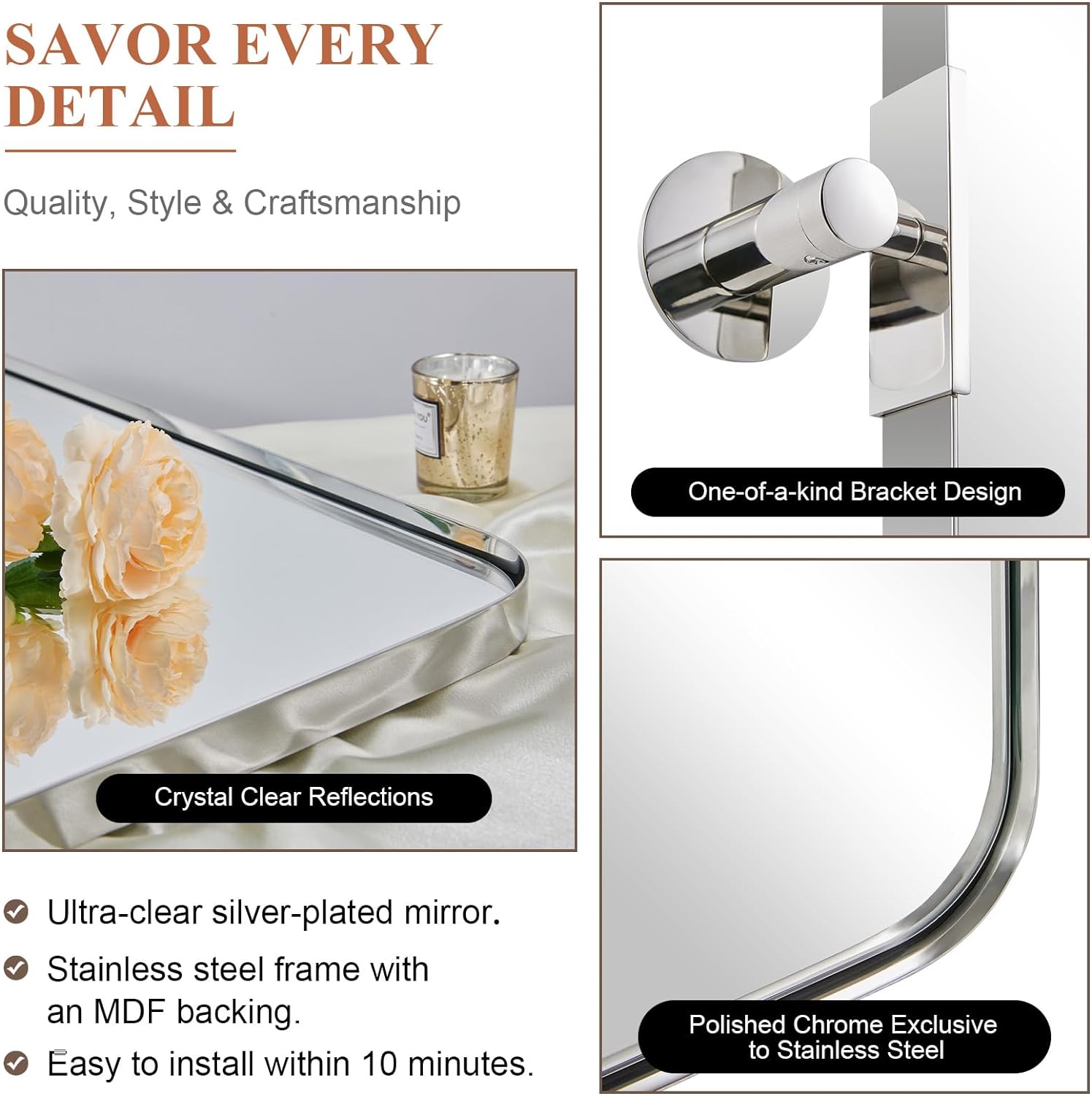 Open Box Like New: Tilting Rectangular Pivot Mirror for Bathroom | Stainless Steel Frame