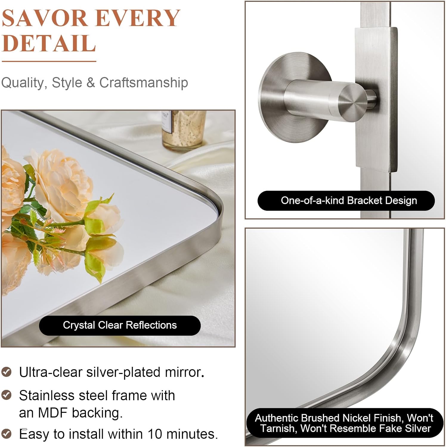 Tilting Rectangular Pivot Mirror for Bathroom/Vanity Floating Mirror | Stainless Steel Frame