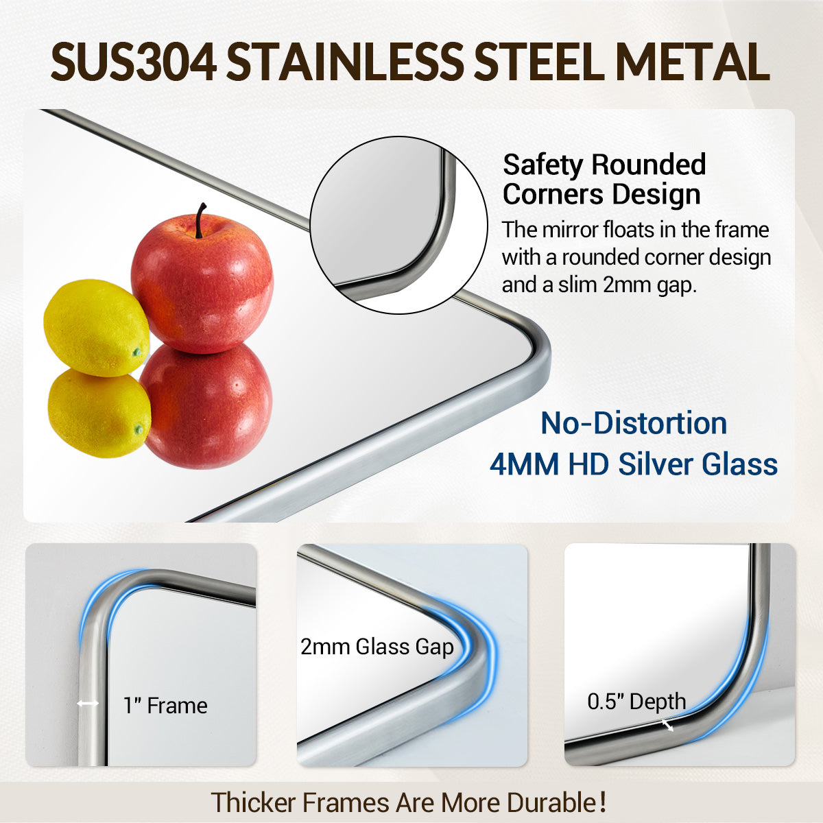 Contemporary Rounded Rectangular Bathroom Mirrors| Stainless Steel Thick Frame