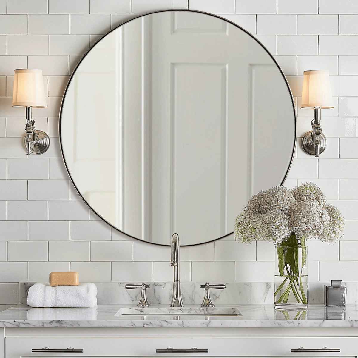 Contemporary Round Bathroom Mirrors Circle Wall Mirrors | Stainless Steel Frame