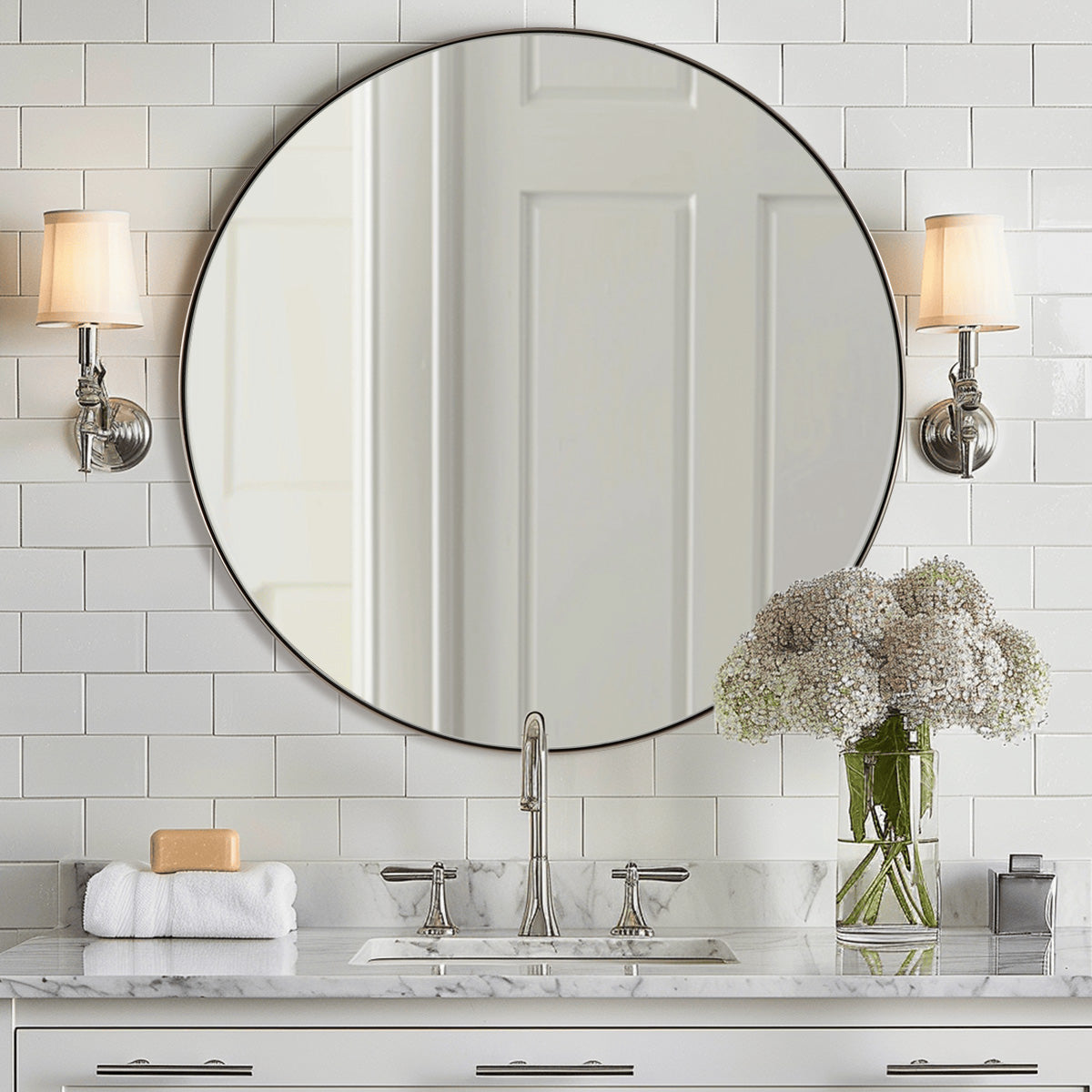 Contemporary Round Bathroom Mirrors Circle Wall Mirrors | Stainless Steel Frame