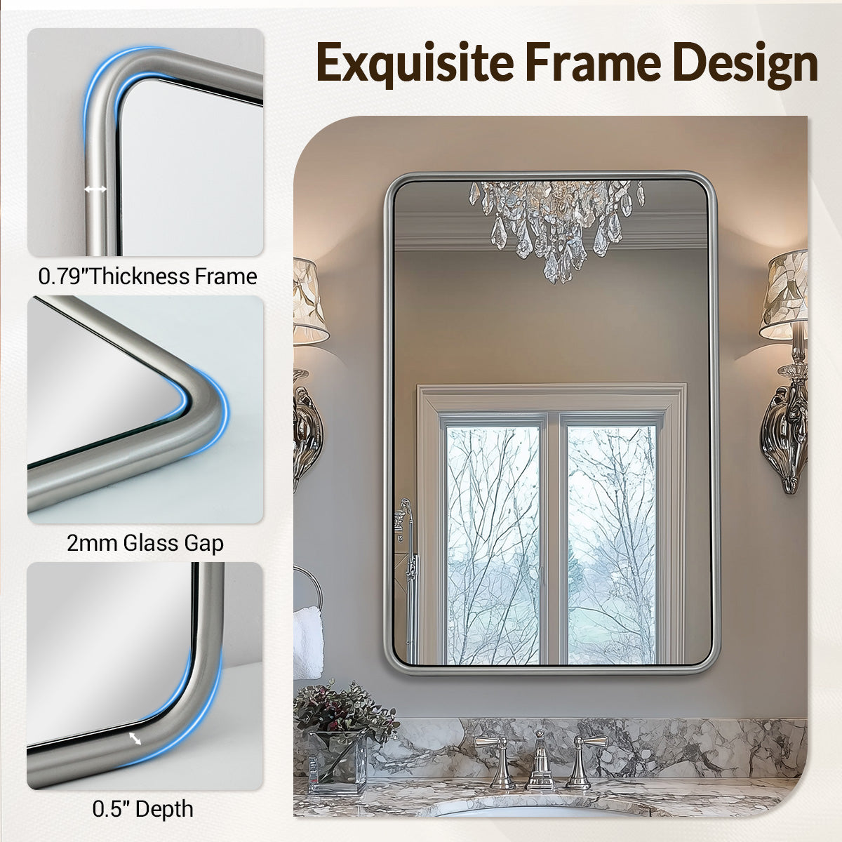 Contemporary Rectangle Bathroom Mirror |Rounded Stainless Steel Framed