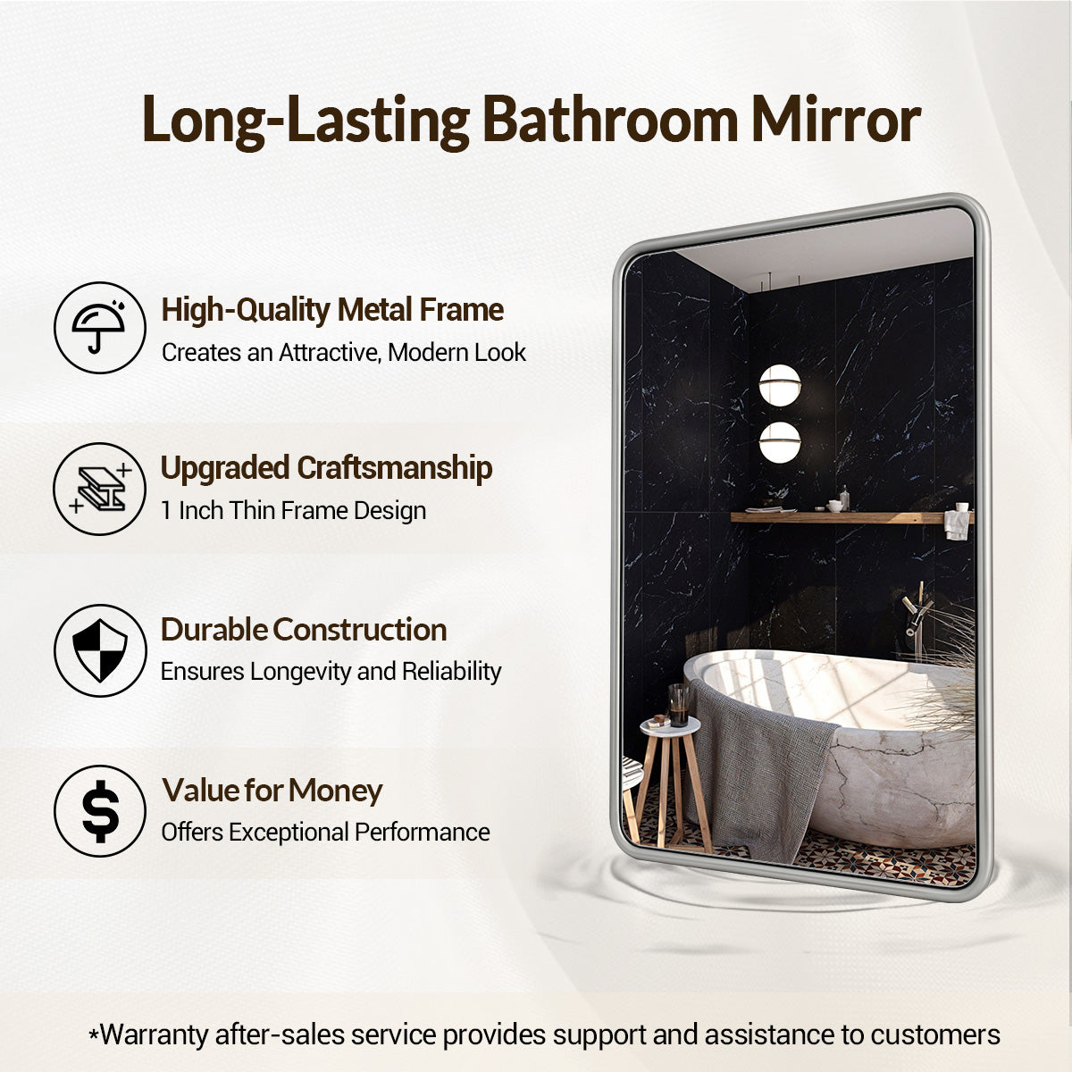 Contemporary Rectangle Bathroom Mirror |Rounded Stainless Steel Framed
