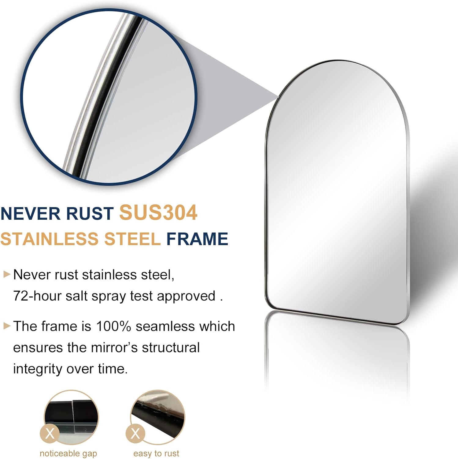 Contemporary Arched Bathroom Vanity Mirror | Stainless Steel Frame