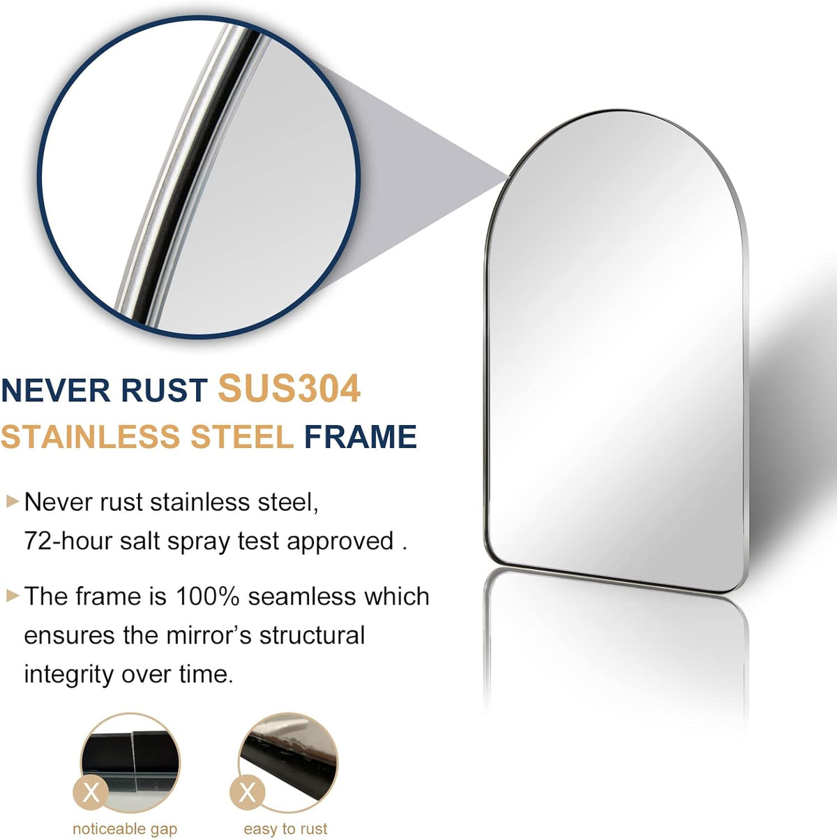 Contemporary Arched Bathroom Vanity Mirror | Stainless Steel Frame