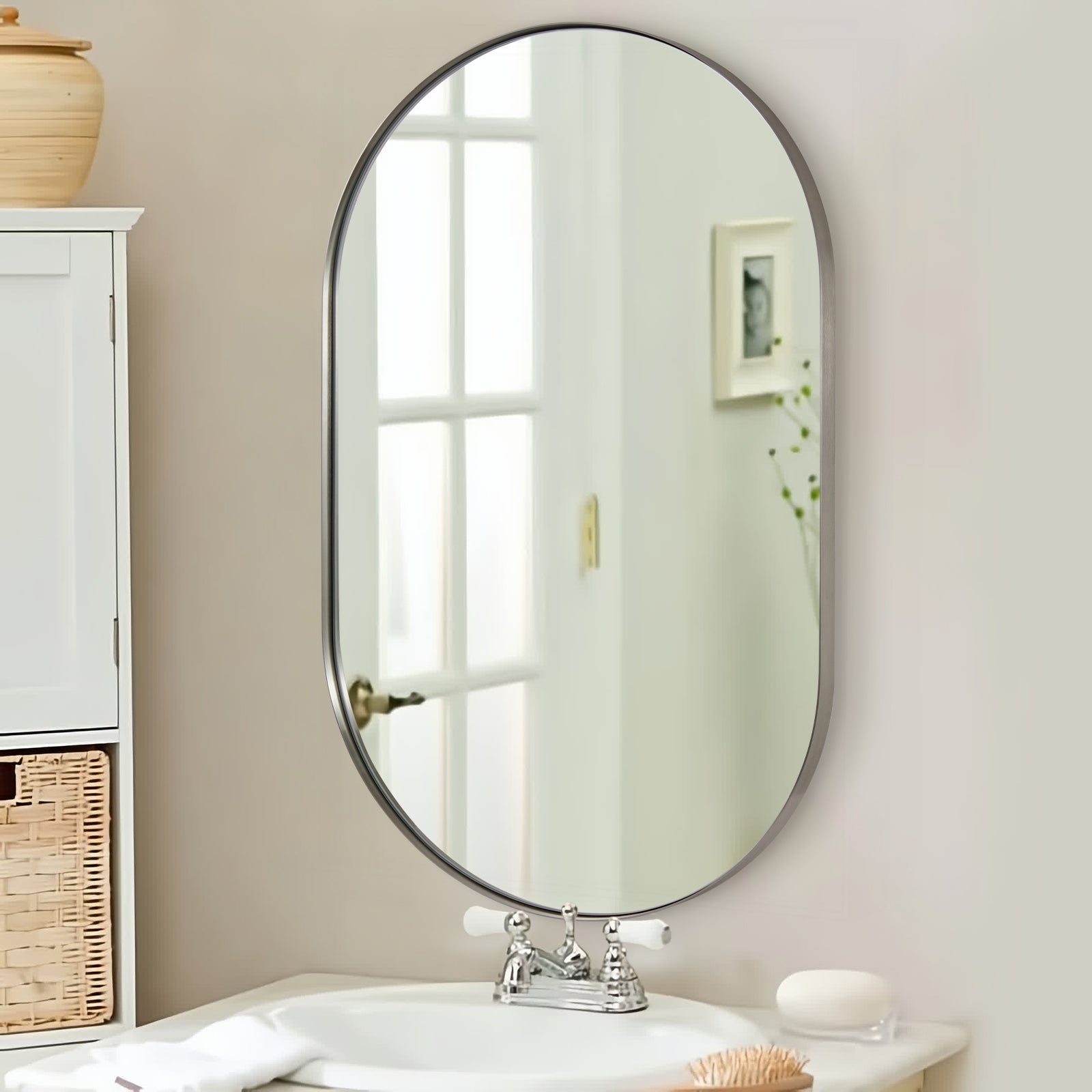Open Box Like New : Contemporary Pill / Capsule Shaped Bathroom Wall Mirrors | Stainless Steel Framed