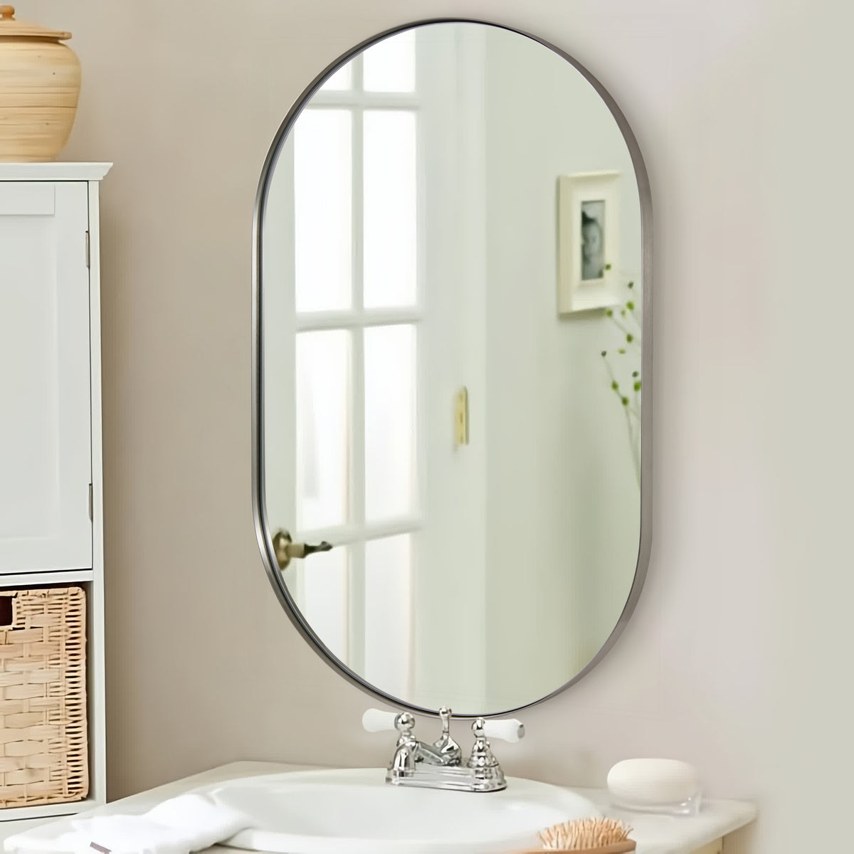Open Box Like New : Contemporary Pill / Capsule Shaped Bathroom Wall Mirrors | Stainless Steel Framed