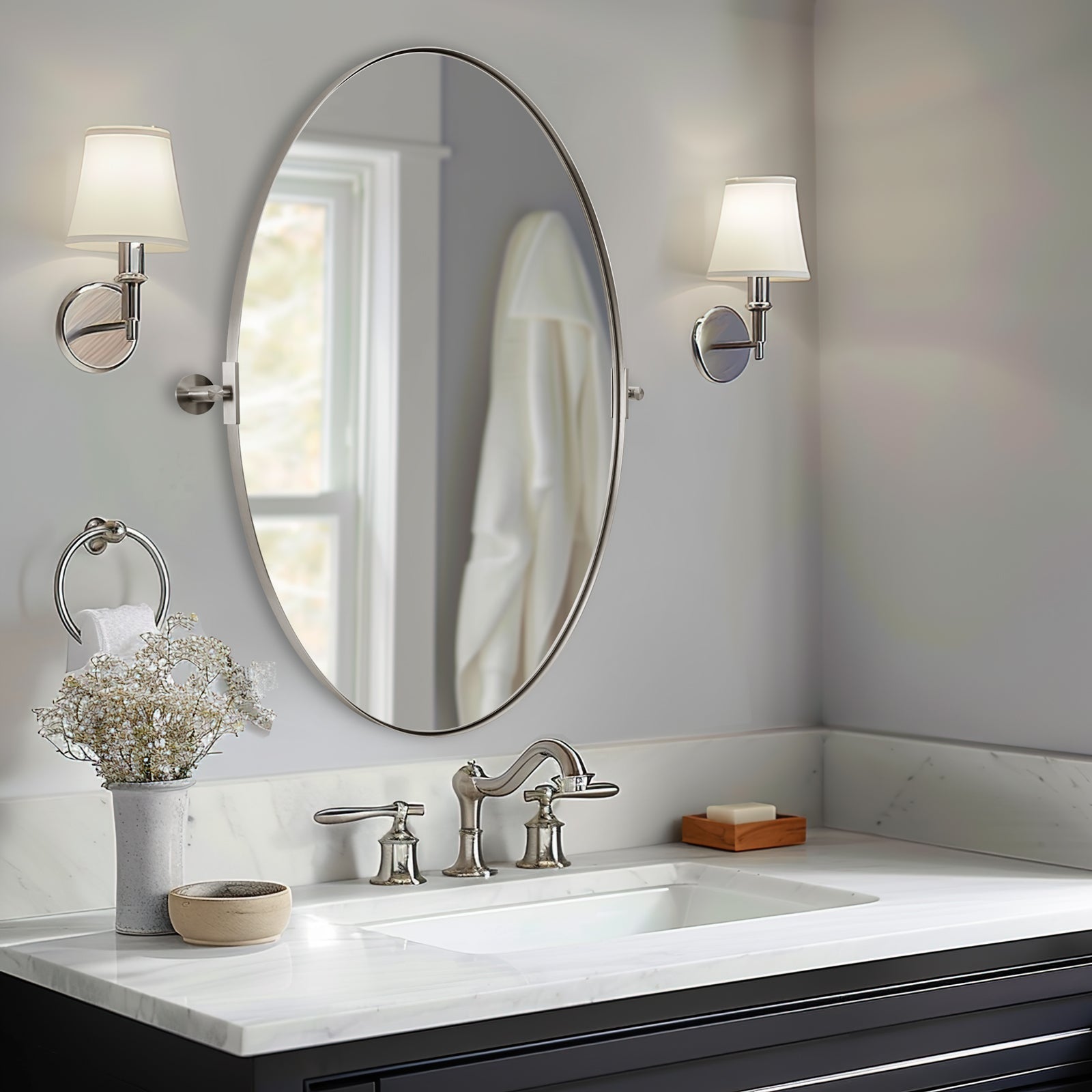 Oval Pivot Mirrors Adjustable Tilting Angle Floating Bathroom Mirror| Stainless Steel Framed