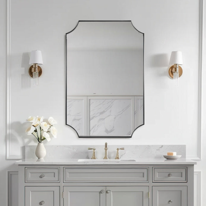 Open Box Like New : Notched Corner Scalloped Rectangle Bathroom Vanity Mirror | Stainless Steel Farme