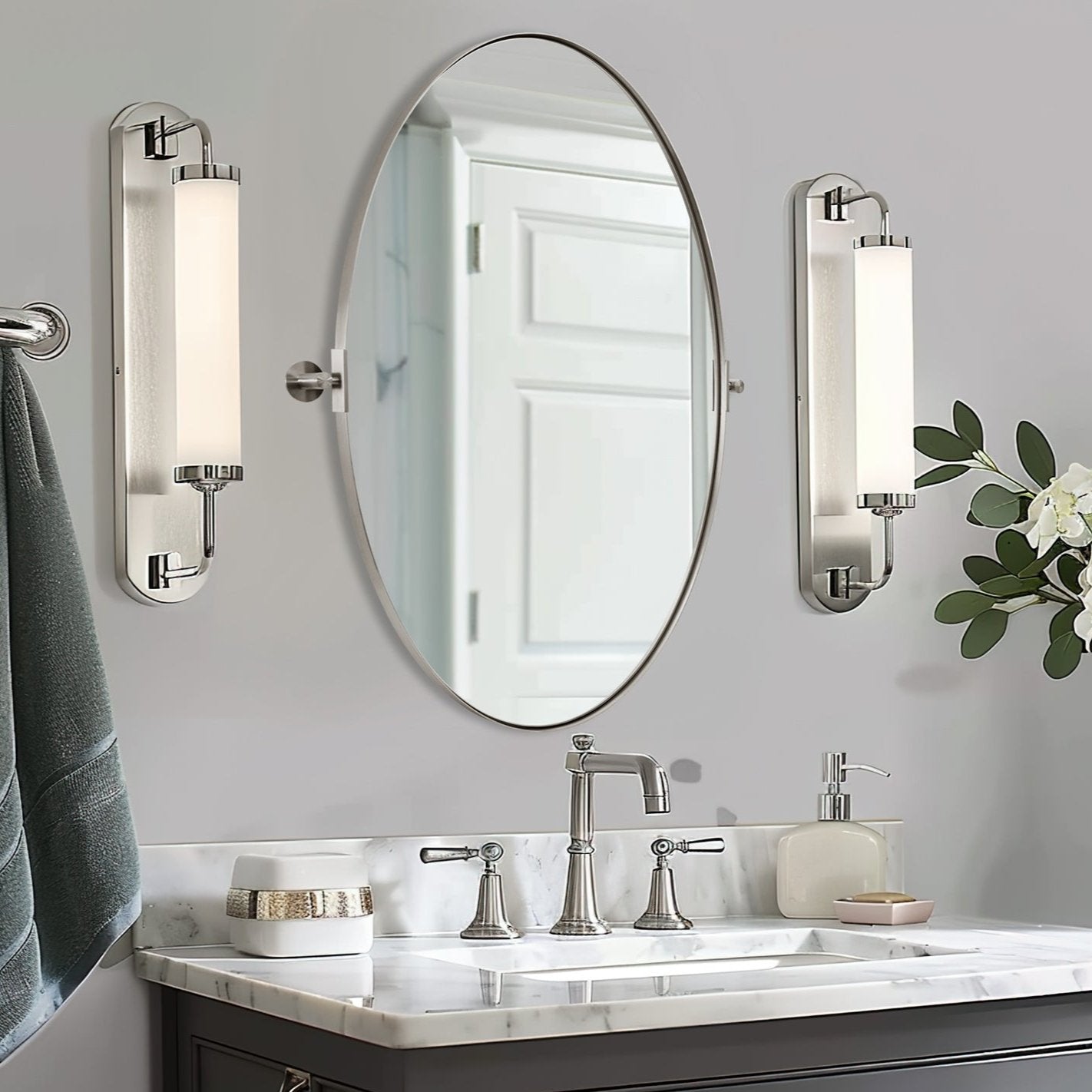 Oval Pivot Mirrors Adjustable Tilting Angle Floating Bathroom Mirror| Stainless Steel Framed