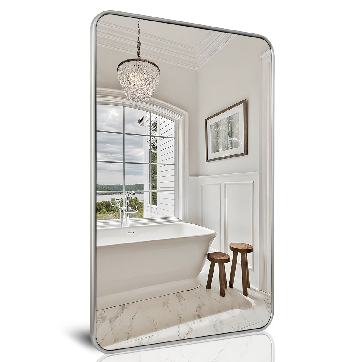 Contemporary Rounded Rectangular Bathroom Mirrors| Stainless Steel Thick Frame