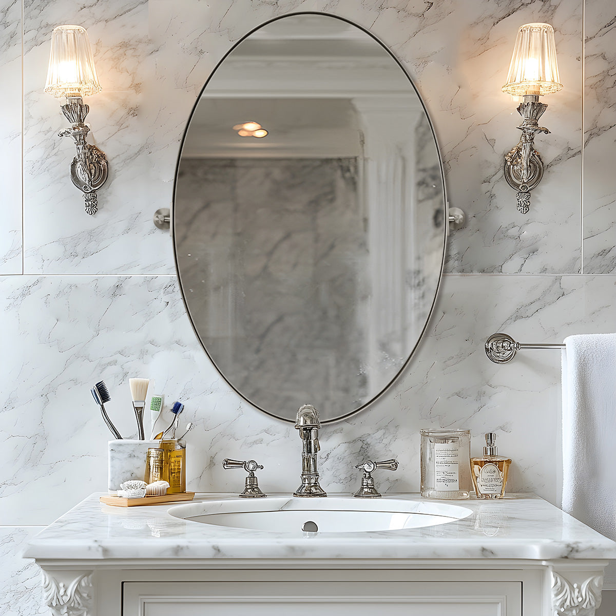 Oval Pivot Mirrors Adjustable Tilting Angle Floating Bathroom Mirror| Stainless Steel Framed