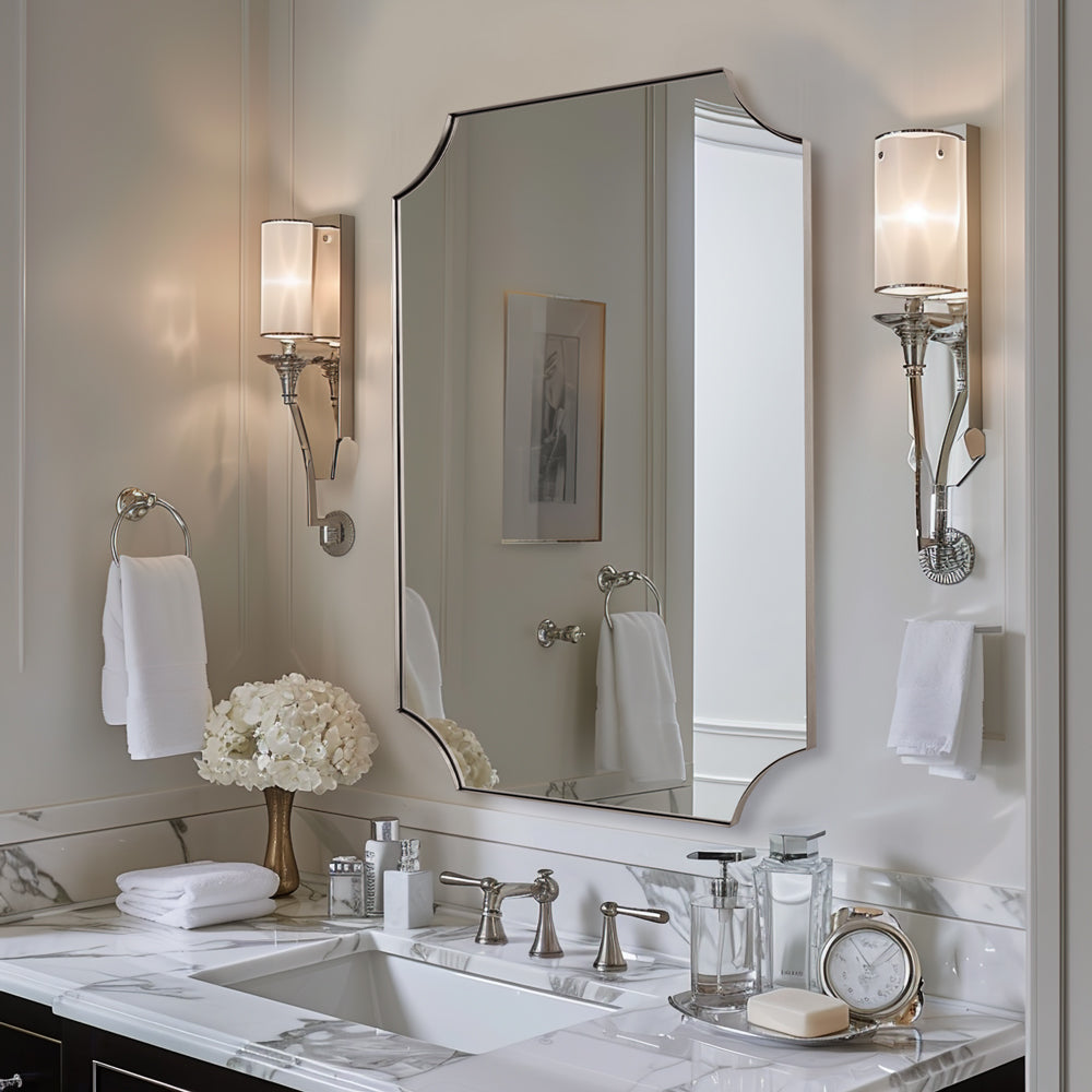 Open Box Like New : Notched Corner Scalloped Rectangle Bathroom Vanity Mirror | Stainless Steel Farme