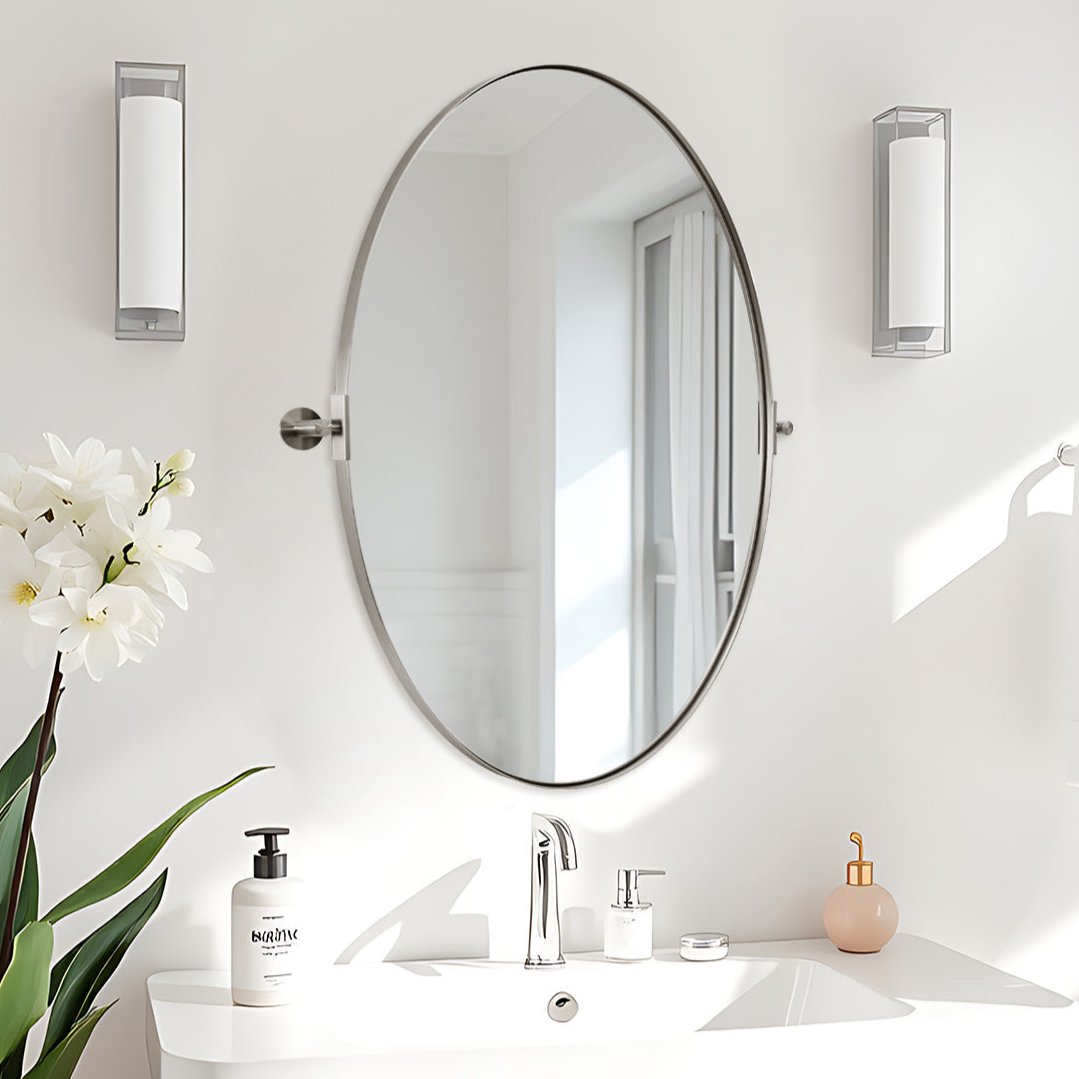 Oval Pivot Mirrors Adjustable Tilting Angle Floating Bathroom Mirror| Stainless Steel Framed