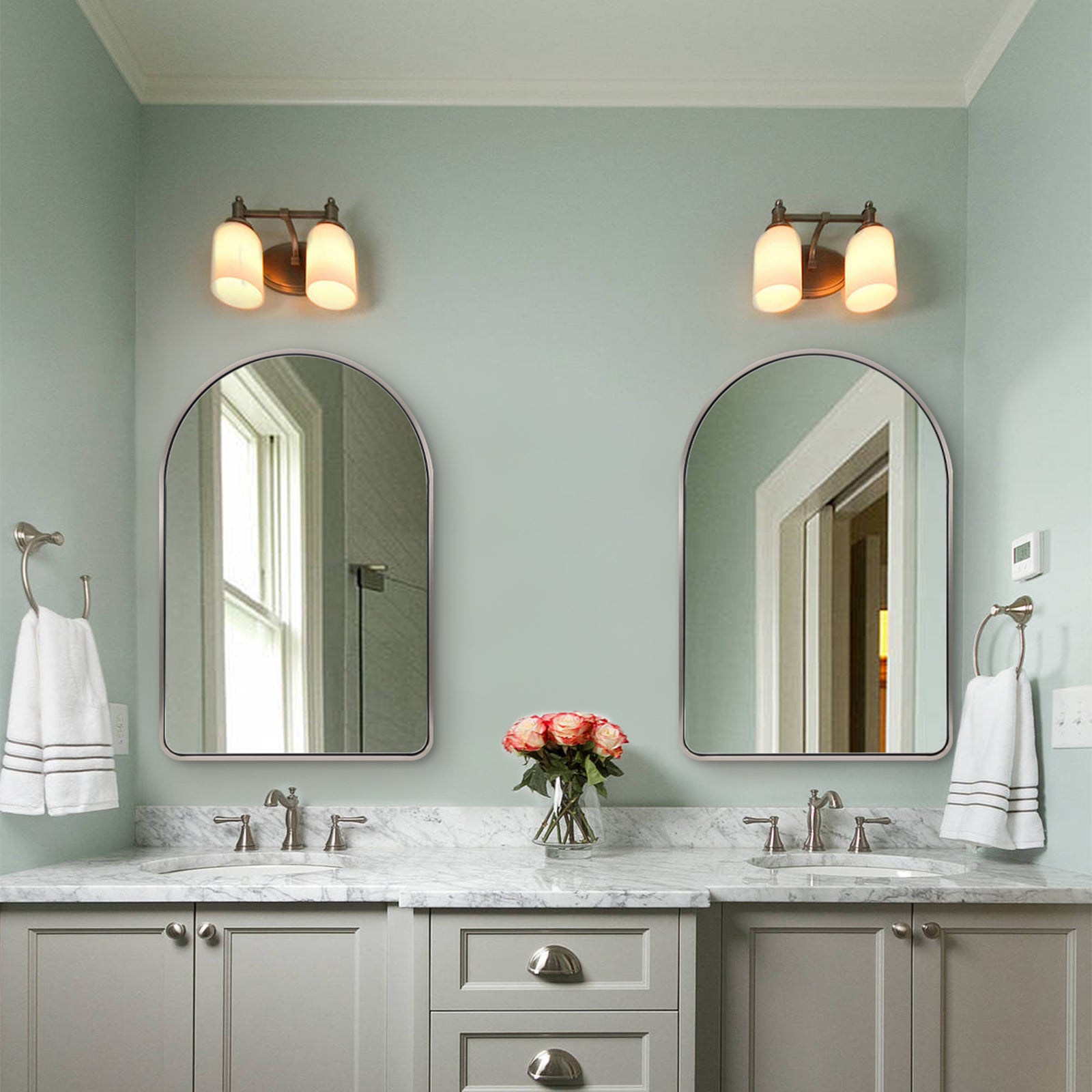 Contemporary Bold Stainless Steel Framed Arched Wall Mirrors for Bathroom, Living Room, Entry