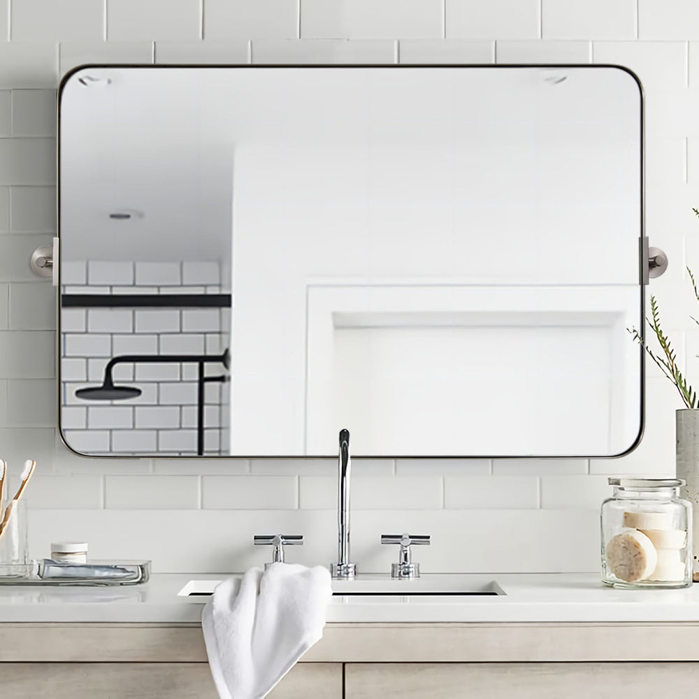 Horizontally Tilting Pivot Rectangle Mirrors for Bathroom | Stainless Steel Frame