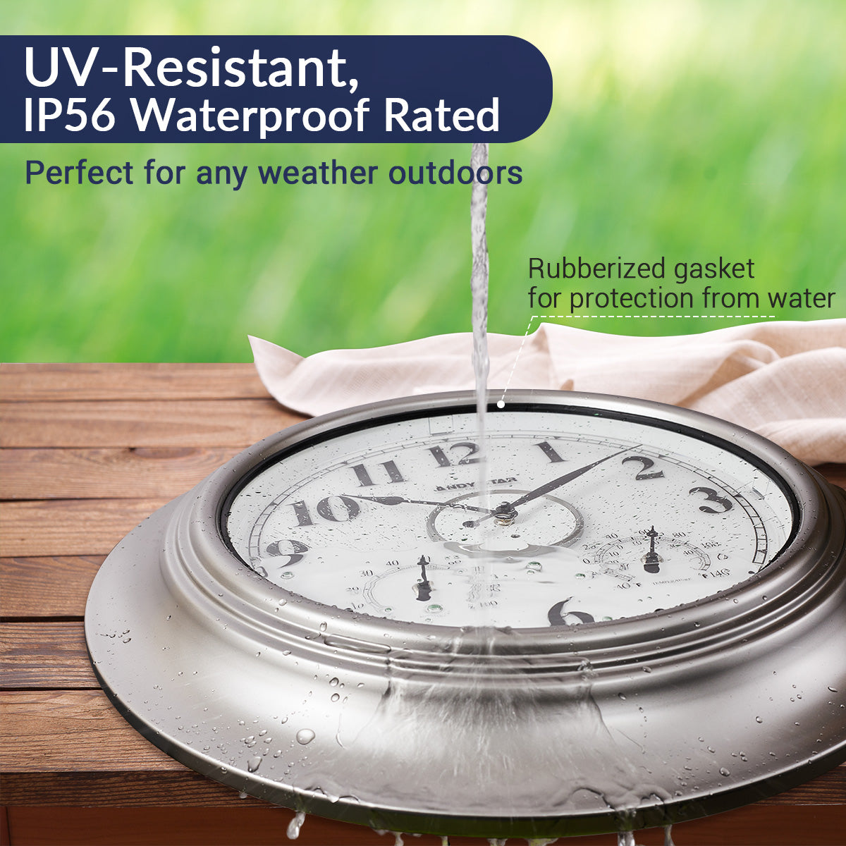 Contemporary Large Outdoor Wall Clock with Thermometer Weatherproof Illuminated ,21 Inch