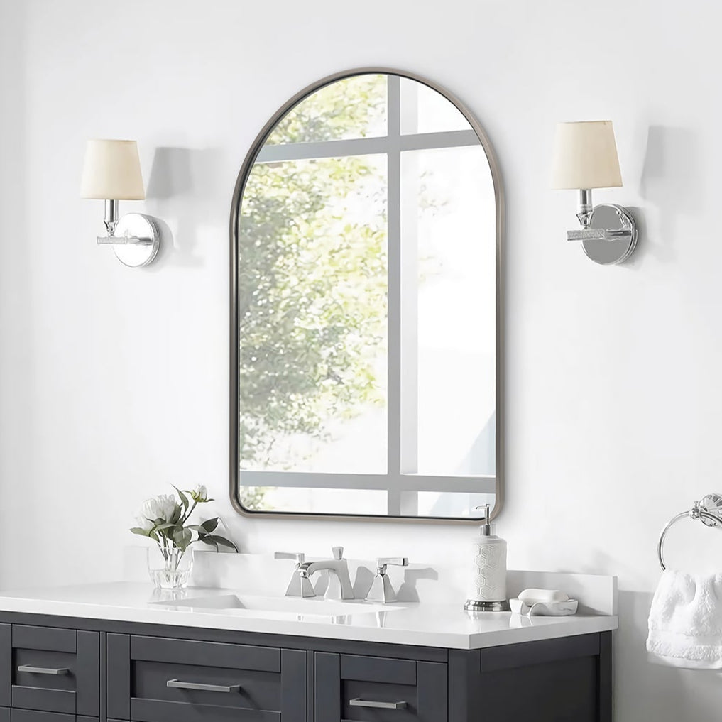 Contemporary Bold Stainless Steel Framed Arched Wall Mirrors for Bathroom, Living Room, Entry