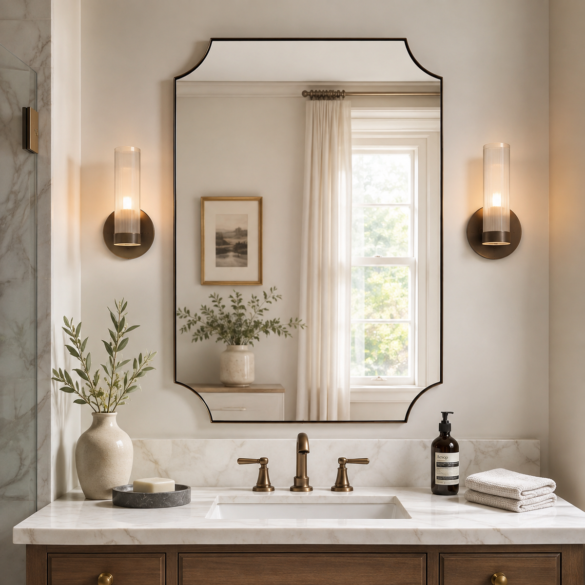 Modern Cut Corner Scalloped Rectangle Bathroom Vanity Mirror | Stainless Steel Frame