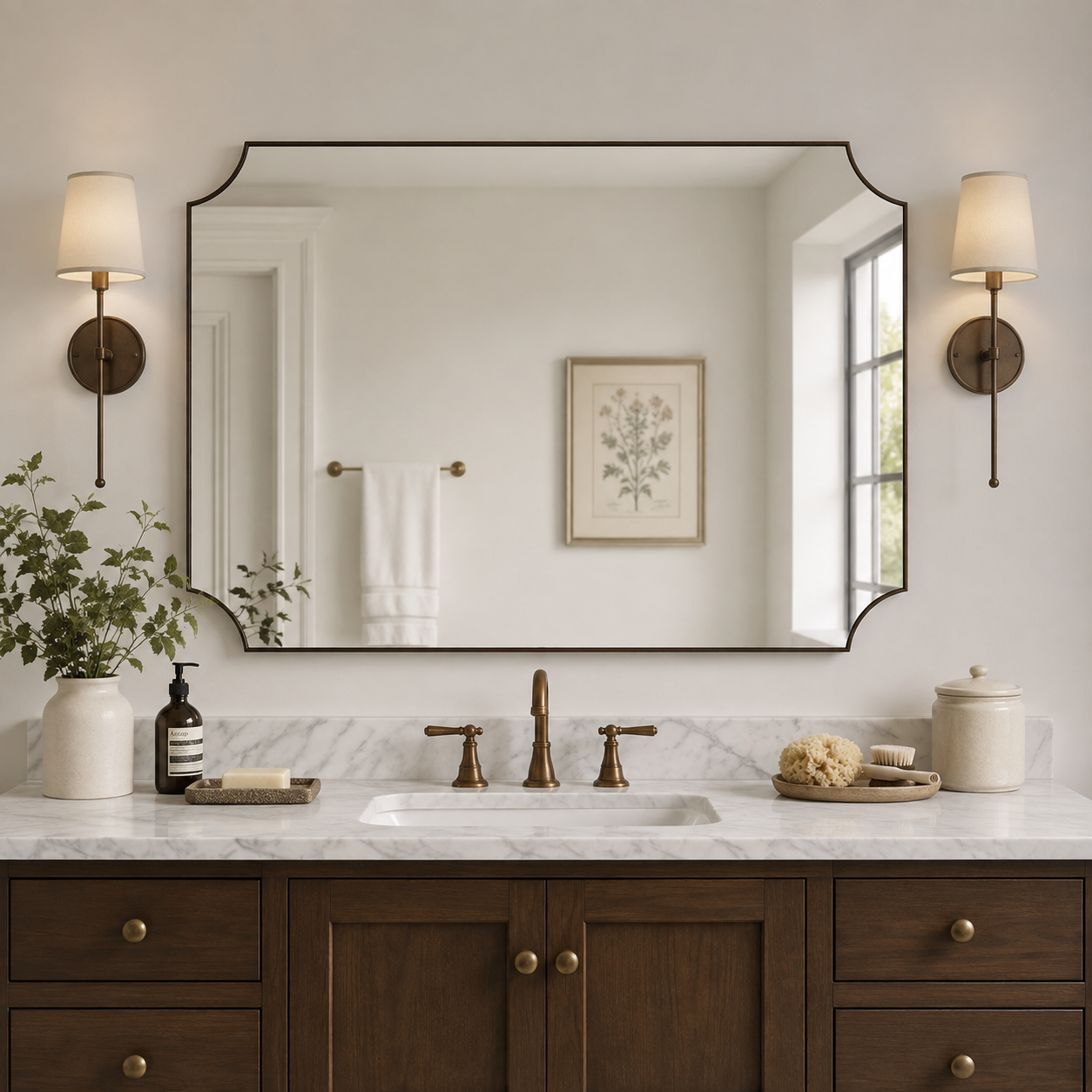Modern Cut Corner Scalloped Rectangle Bathroom Vanity Mirror | Stainless Steel Frame