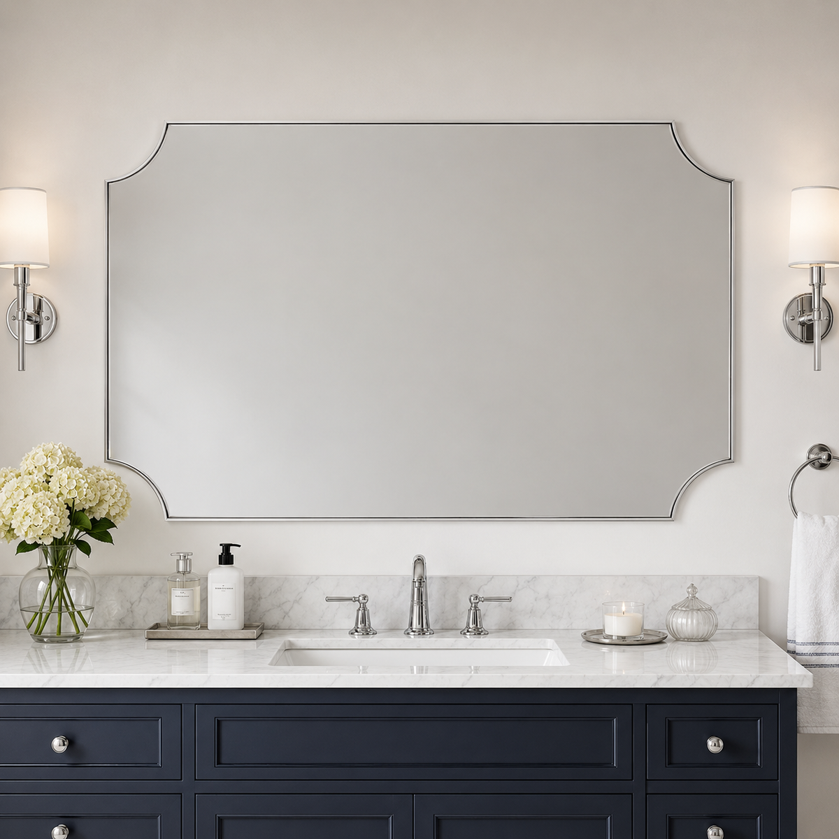 Modern Cut Corner Scalloped Rectangle Bathroom Vanity Mirror | Stainless Steel Frame