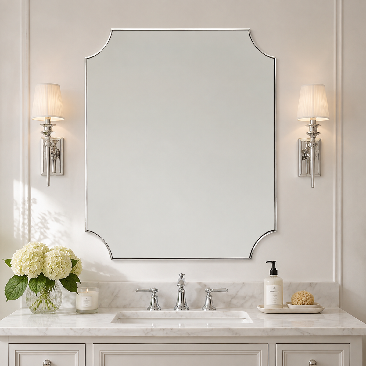 Modern Cut Corner Scalloped Rectangle Bathroom Vanity Mirror | Stainless Steel Frame