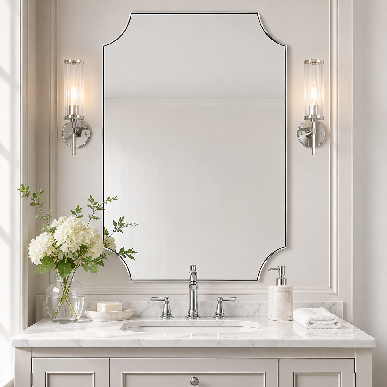 Modern Cut Corner Scalloped Rectangle Bathroom Vanity Mirror | Stainless Steel Frame