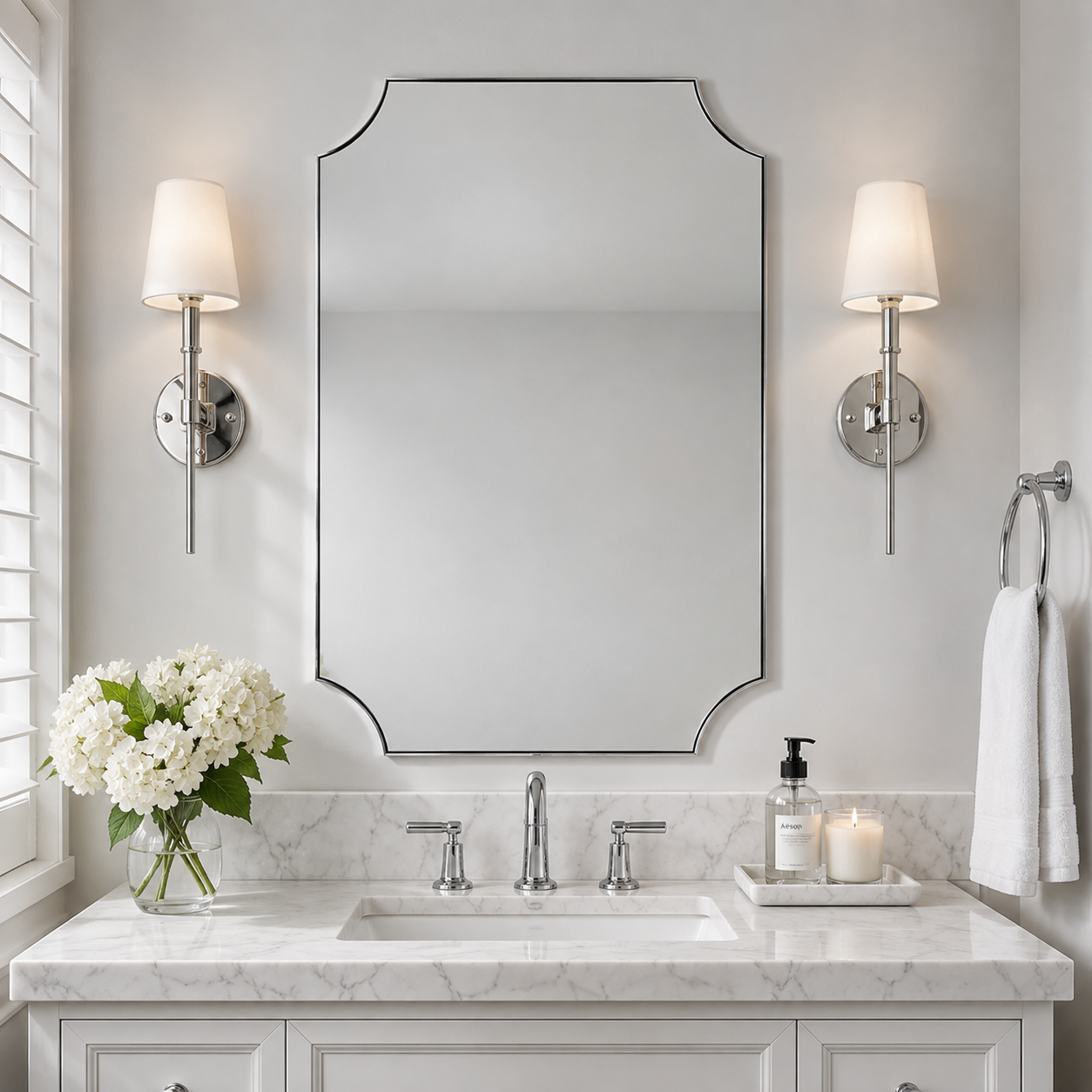 Modern Cut Corner Scalloped Rectangle Bathroom Vanity Mirror | Stainless Steel Frame