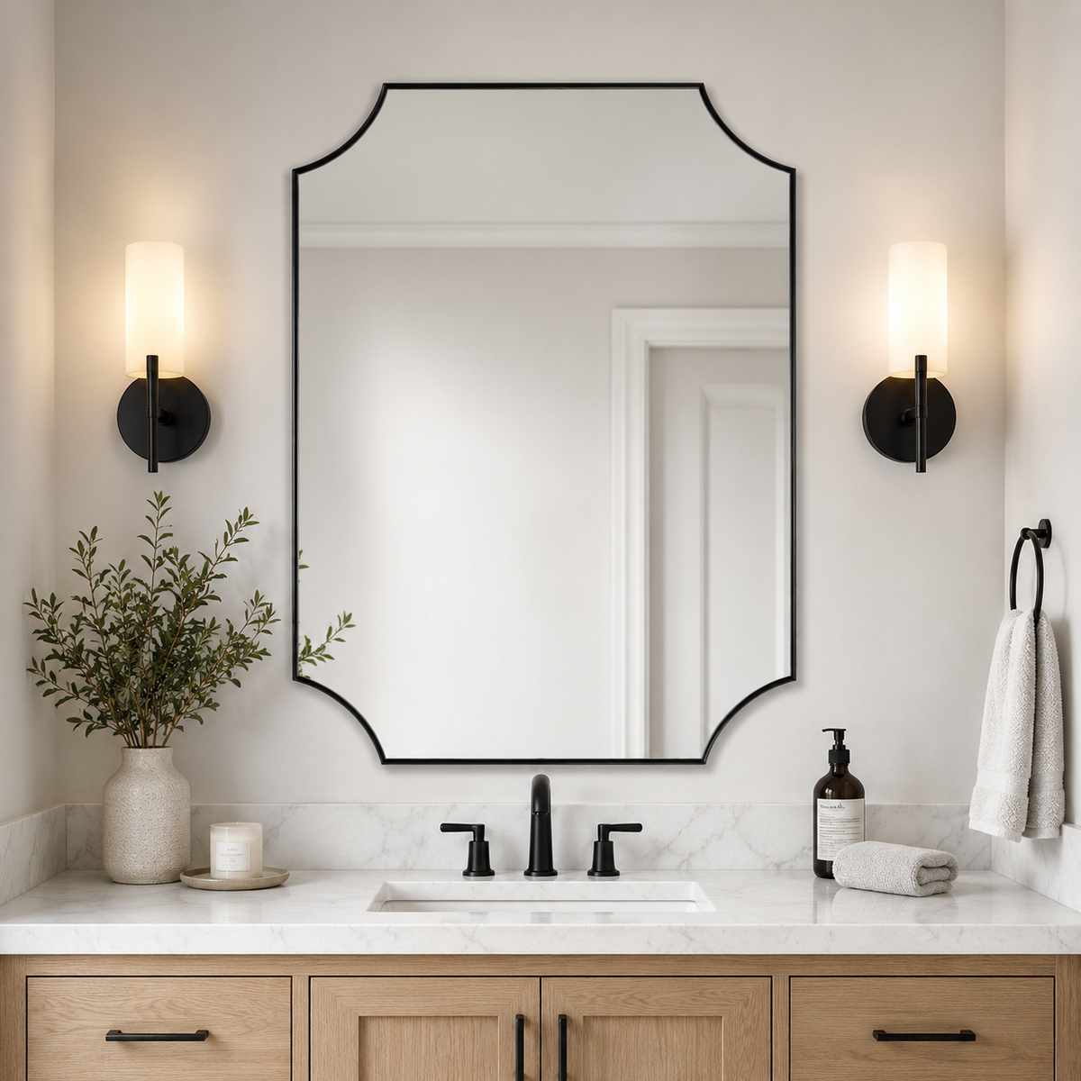 Modern Cut Corner Scalloped Rectangle Bathroom Vanity Mirror | Stainless Steel Frame