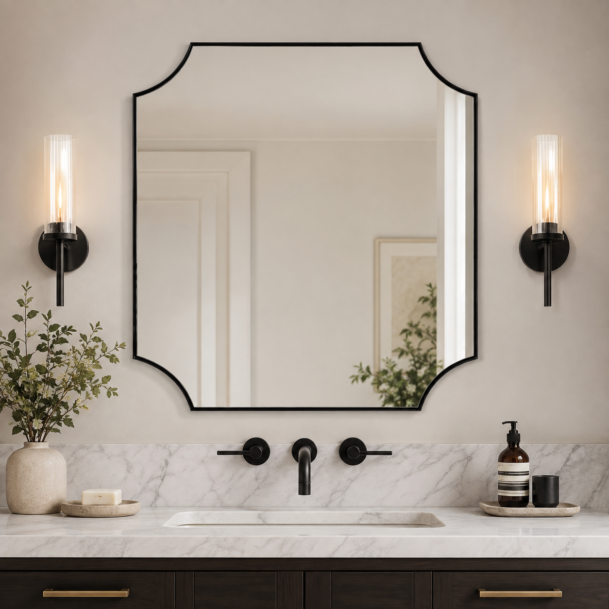 Modern Cut Corner Scalloped Rectangle Bathroom Vanity Mirror | Stainless Steel Frame