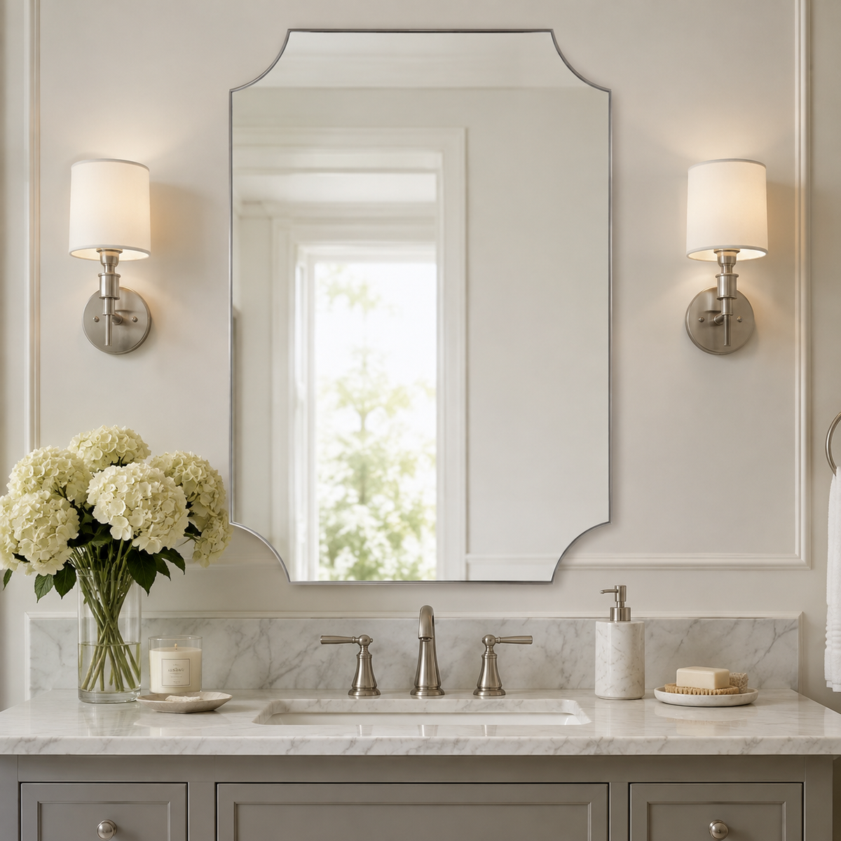 Modern Cut Corner Scalloped Rectangle Bathroom Vanity Mirror | Stainless Steel Frame