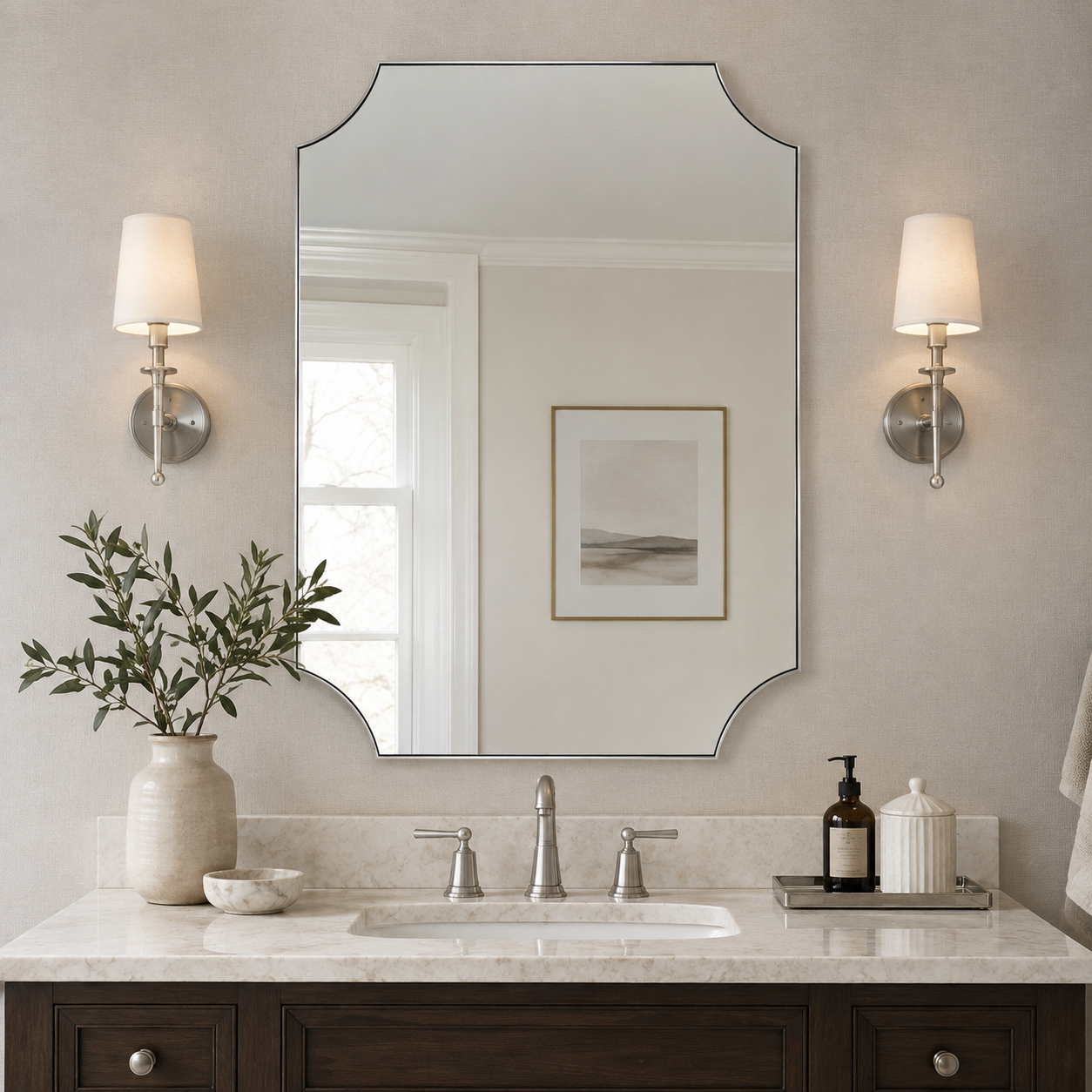 Modern Cut Corner Scalloped Rectangle Bathroom Vanity Mirror | Stainless Steel Frame