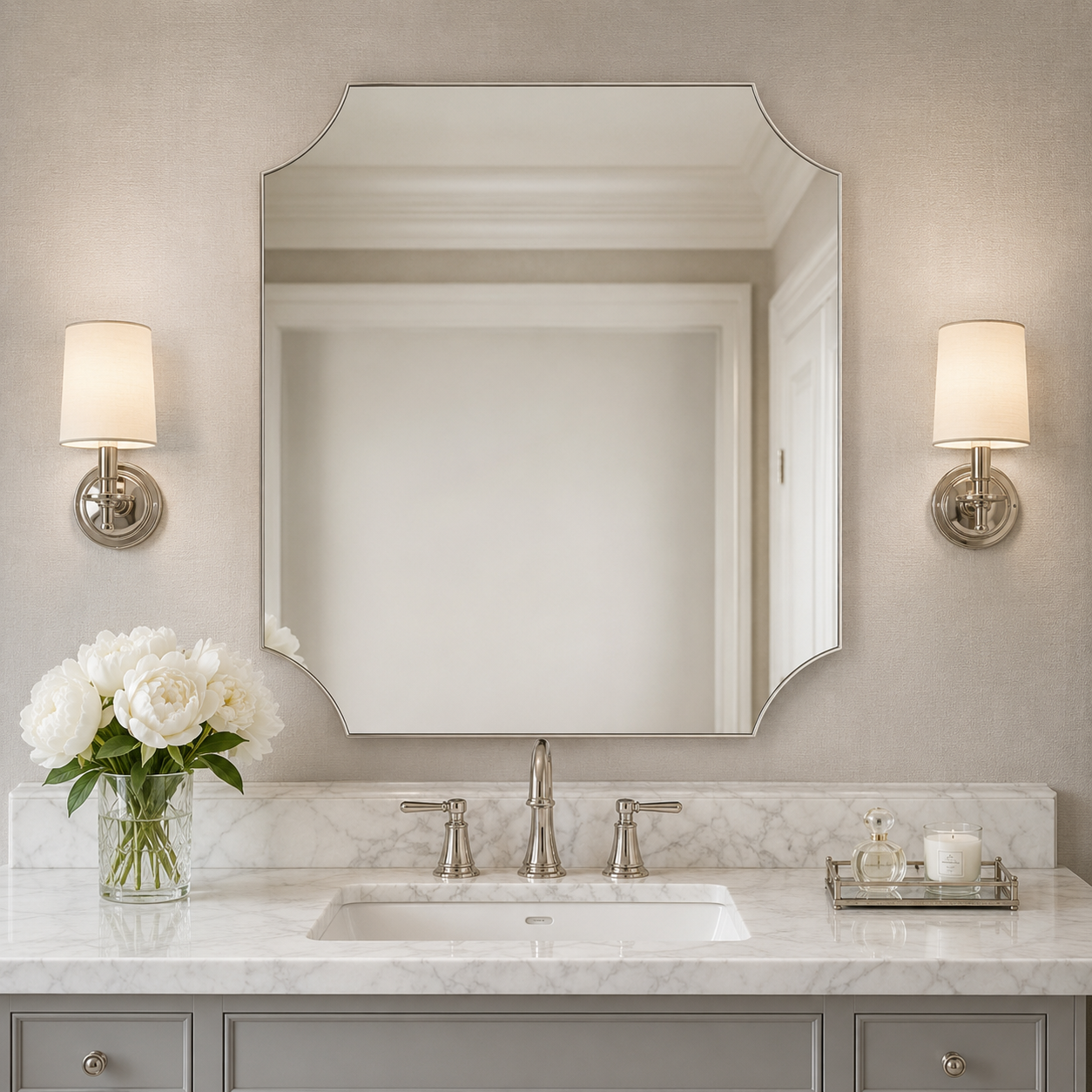 Modern Cut Corner Scalloped Rectangle Bathroom Vanity Mirror | Stainless Steel Frame