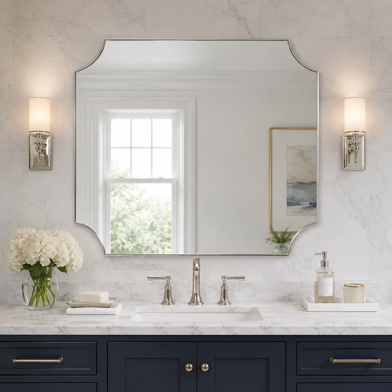 Modern Cut Corner Scalloped Rectangle Bathroom Vanity Mirror | Stainless Steel Frame