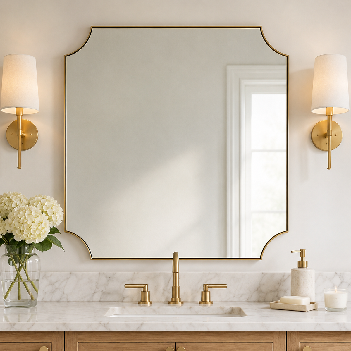 Modern Cut Corner Scalloped Rectangle Bathroom Vanity Mirror | Stainless Steel Frame