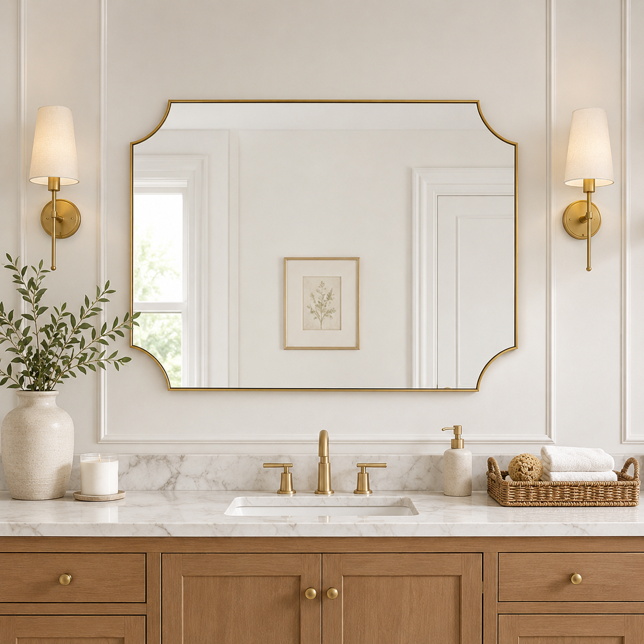 Modern Cut Corner Scalloped Rectangle Bathroom Vanity Mirror | Stainless Steel Frame