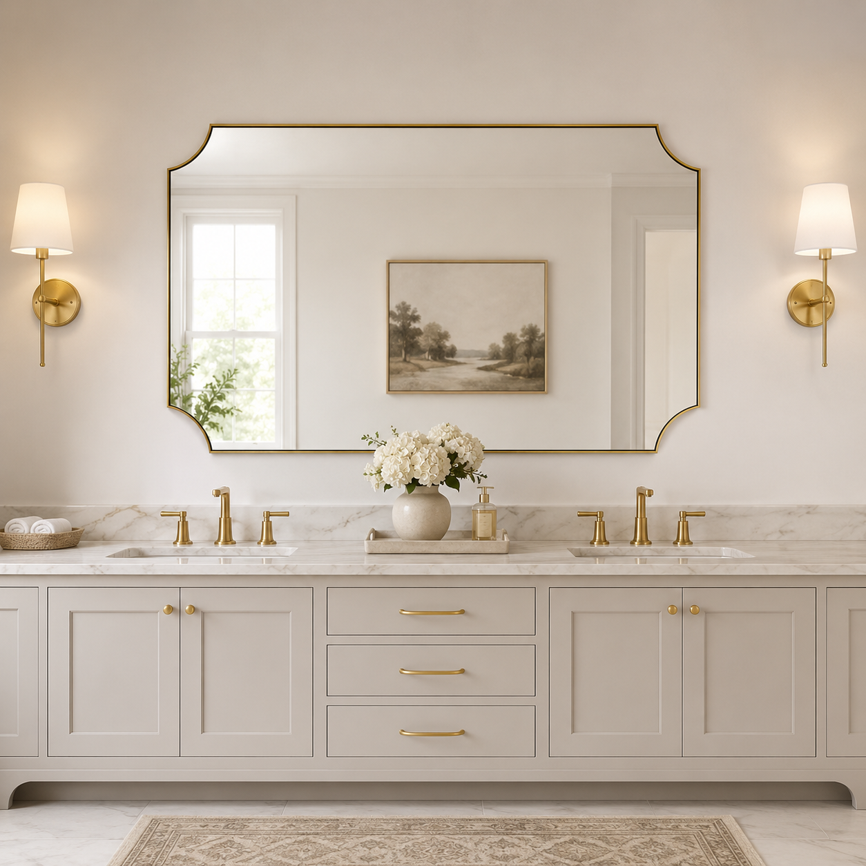 Modern Cut Corner Scalloped Rectangle Bathroom Vanity Mirror | Stainless Steel Frame