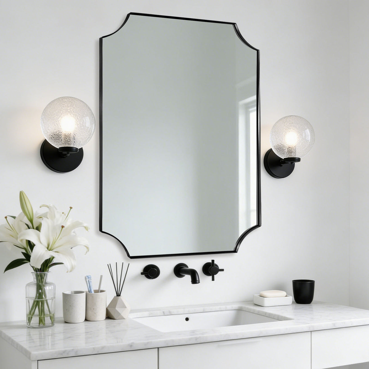 Modern Cut Corner Scalloped Rectangle Bathroom Vanity Mirror | Stainless Steel Frame