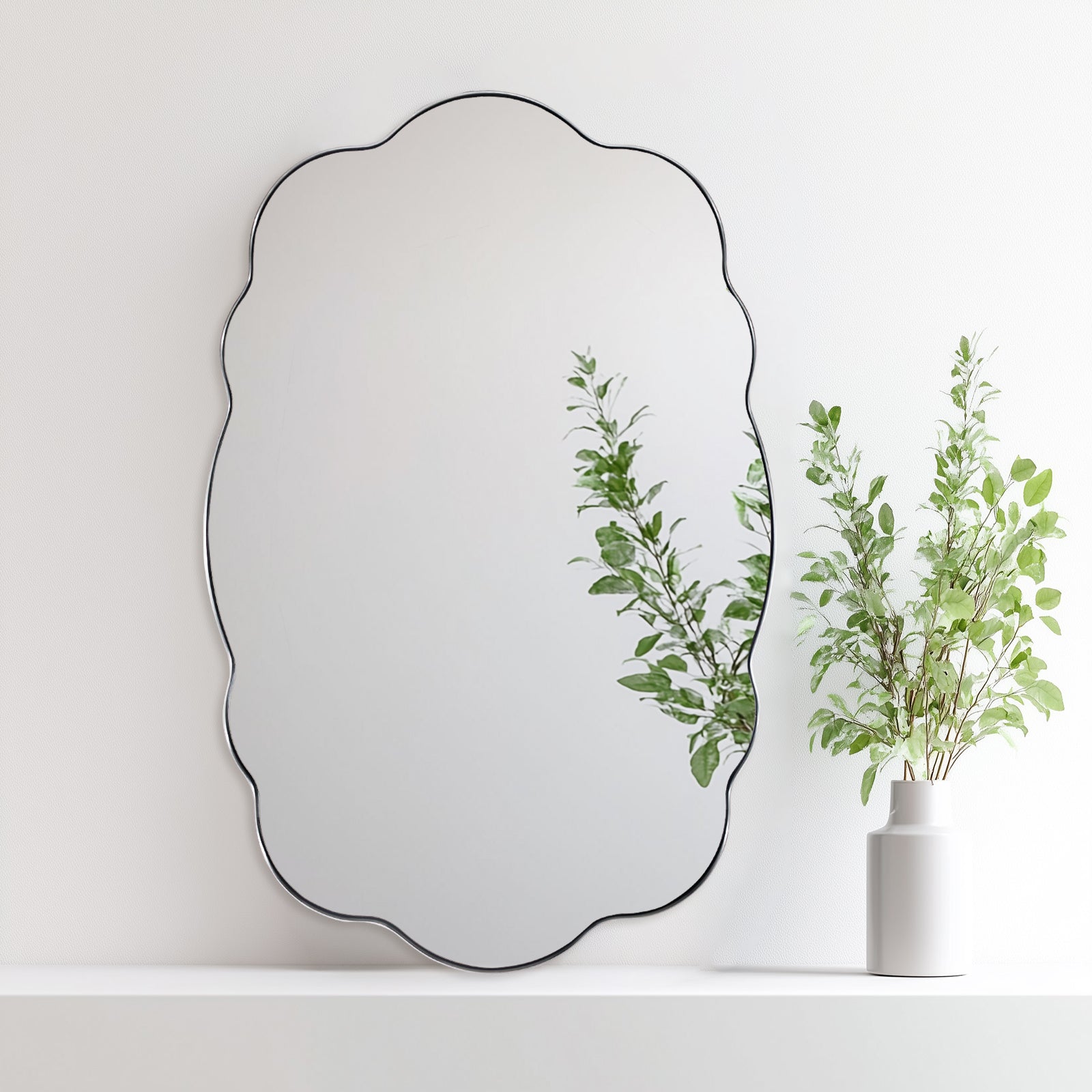 Contemporary Wavy Oval Scalloped Bathroom Vanity Mirror Irregular Decorative Mirror| Stainless Steel Framed
