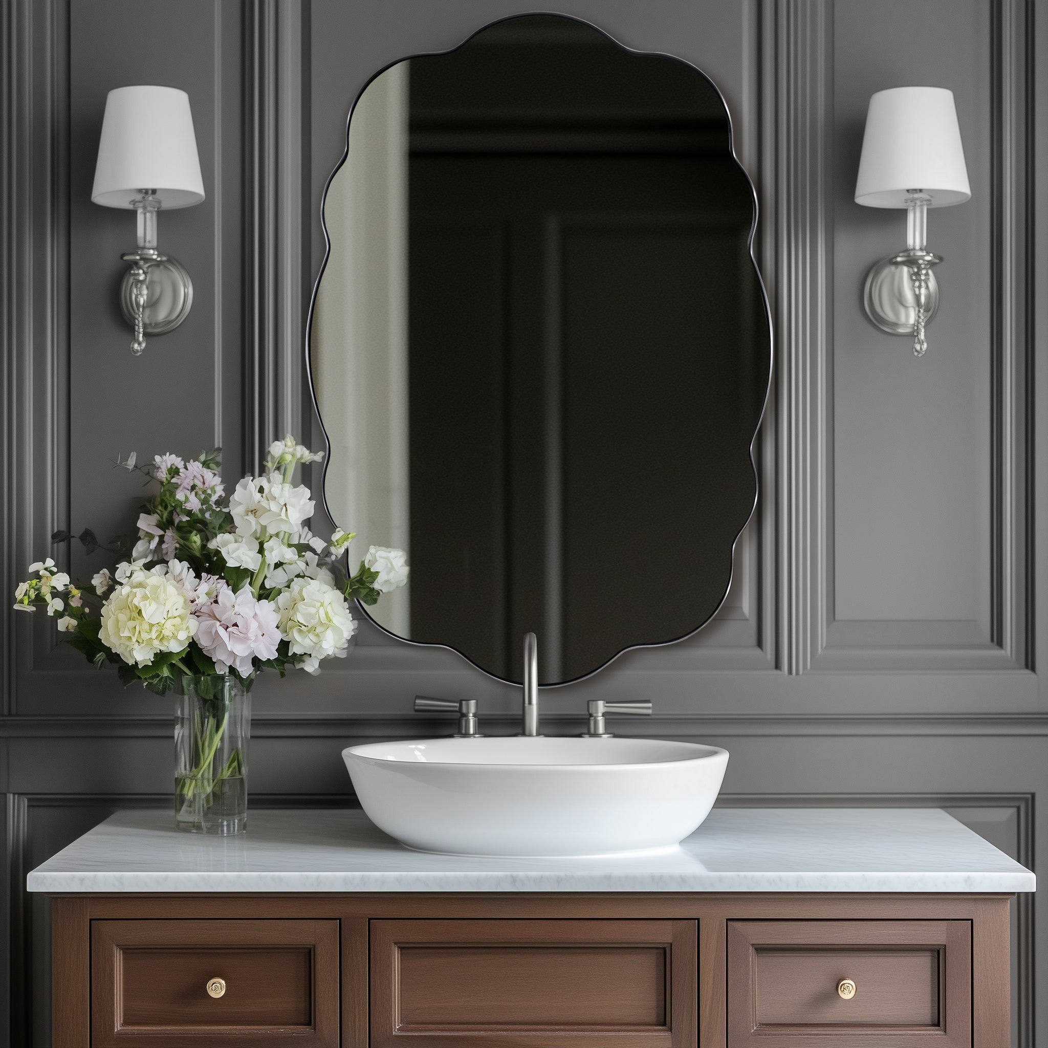 Contemporary Wavy Oval Scalloped Bathroom Vanity Mirror Irregular Decorative Mirror| Stainless Steel Framed