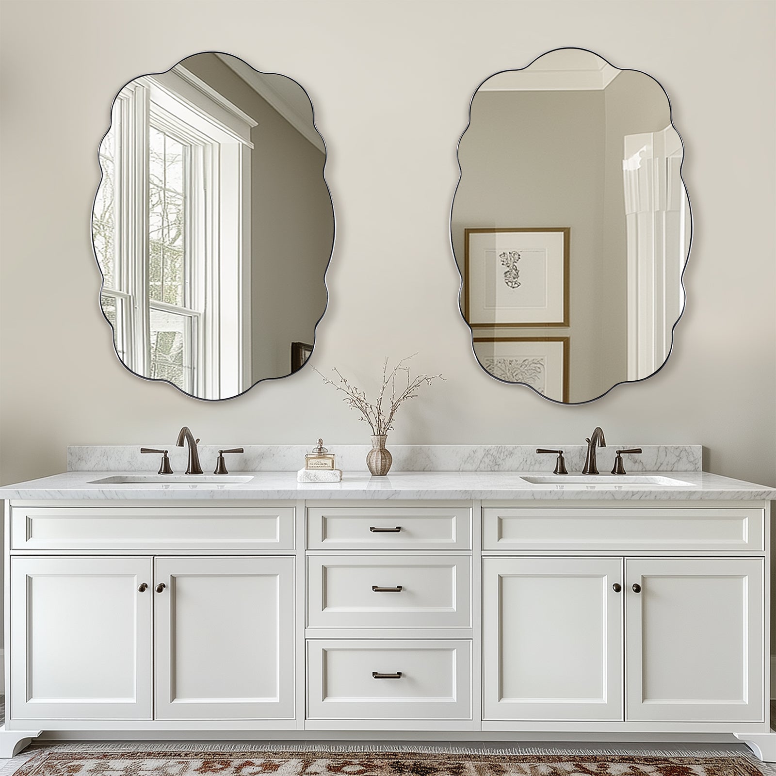 Contemporary Wavy Oval Scalloped Bathroom Vanity Mirror Irregular Decorative Mirror| Stainless Steel Framed