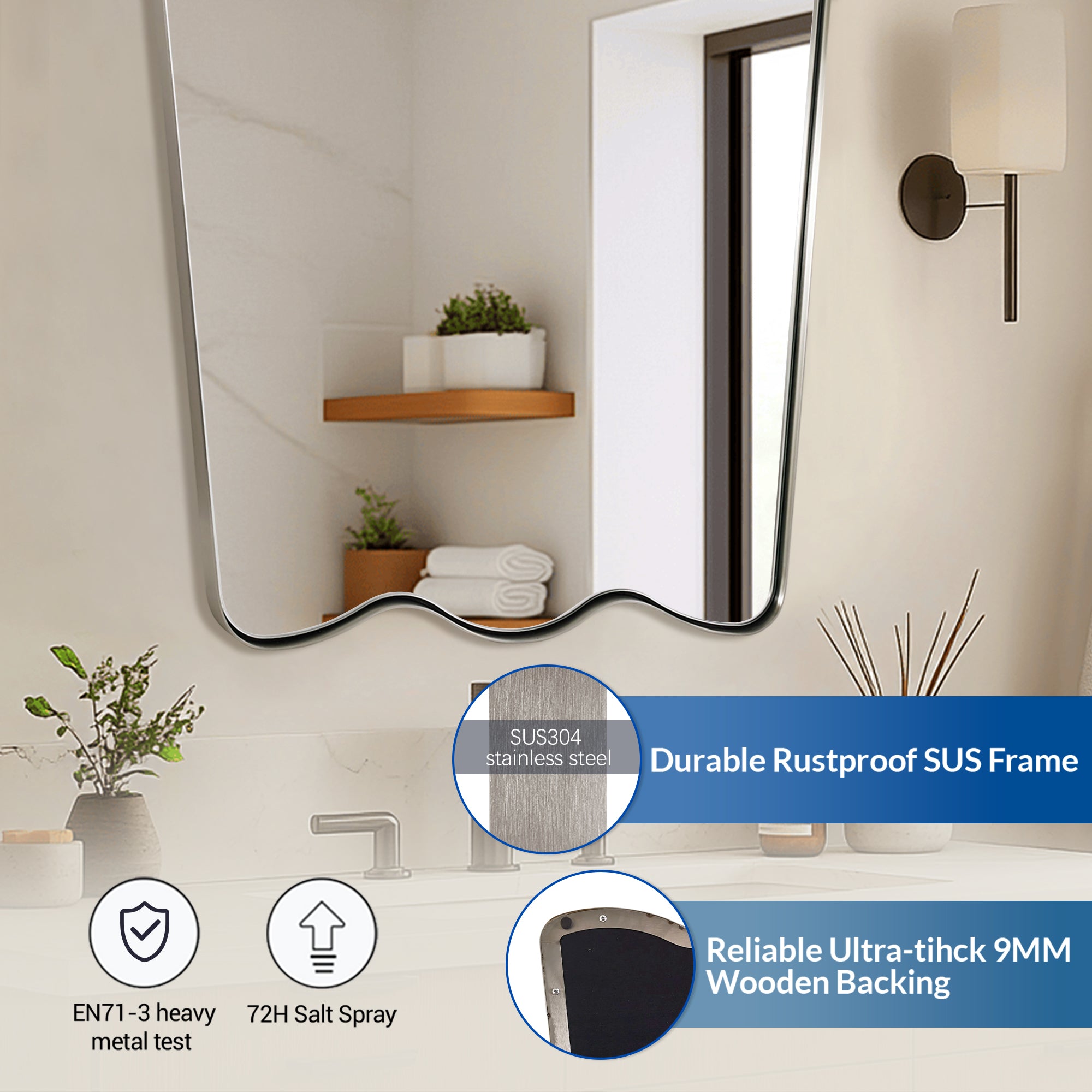 Contemporary Tapered Wavy Scalloped Bathroom Vanity Mirror | Stainless Steel Framed