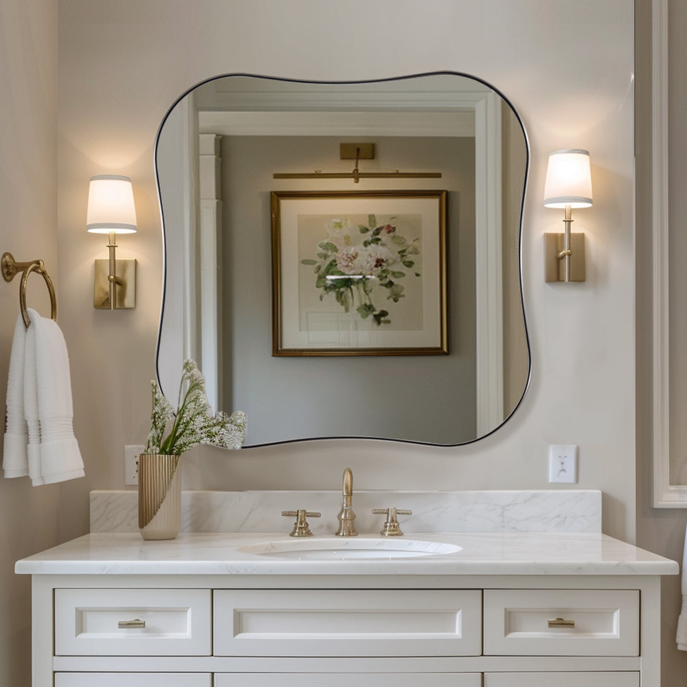 Contemporary Square Scalloped Bathroom Mirrors | 30Inch,Stainless Steel Framed