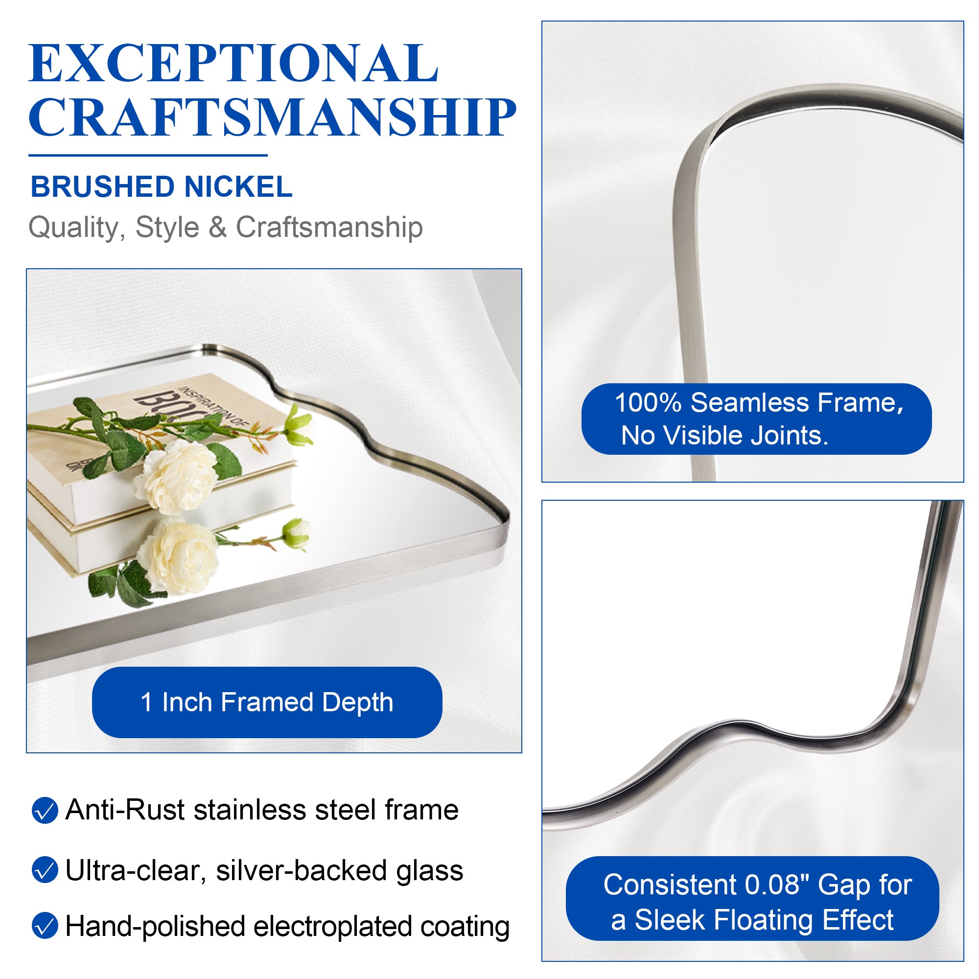 Contemporary Tapered Wavy Scalloped Bathroom Vanity Mirror | Stainless Steel Framed