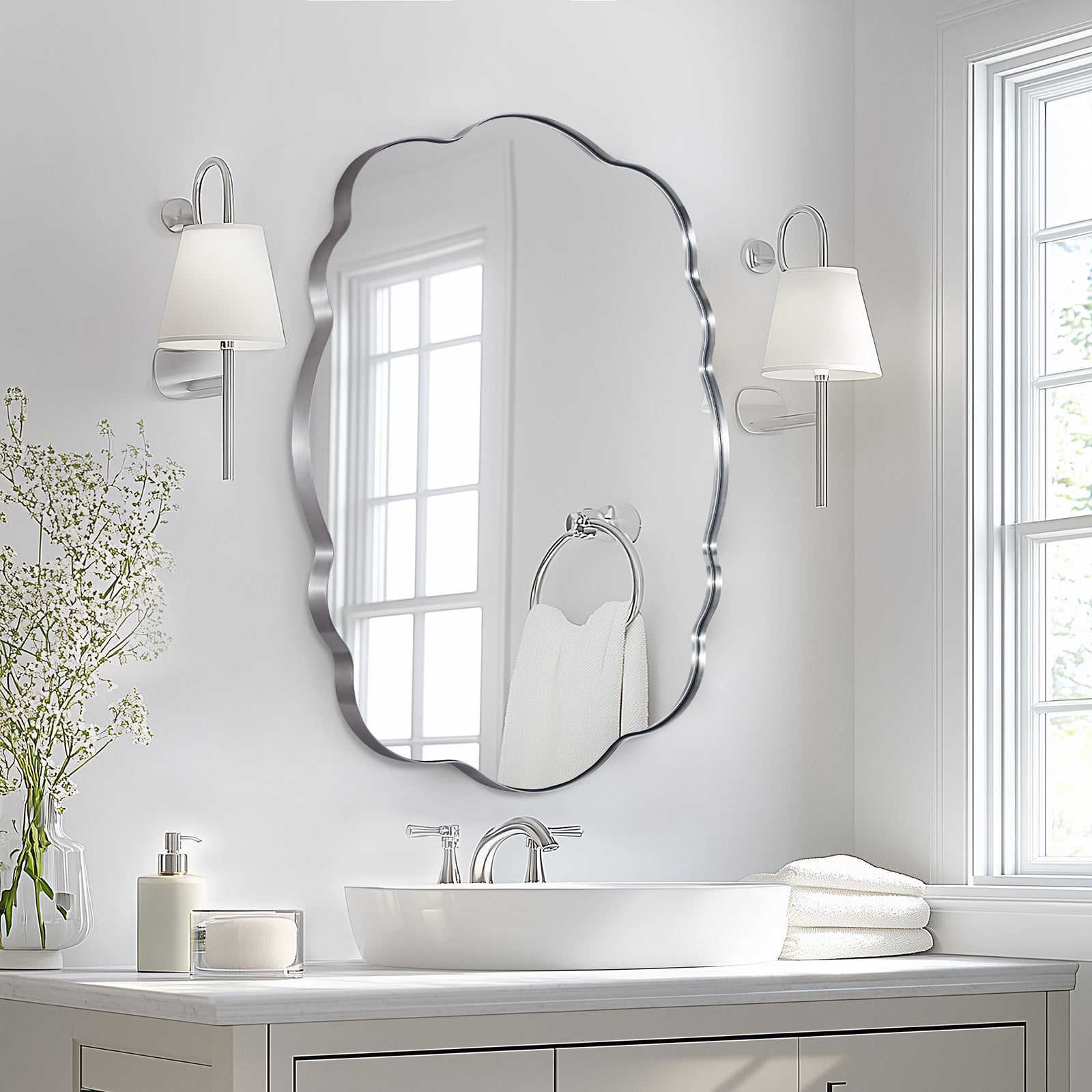 Open Box Like New:Contemporary Wavy Oval Scalloped Bathroom Vanity Mirror | Stainless Steel Framed