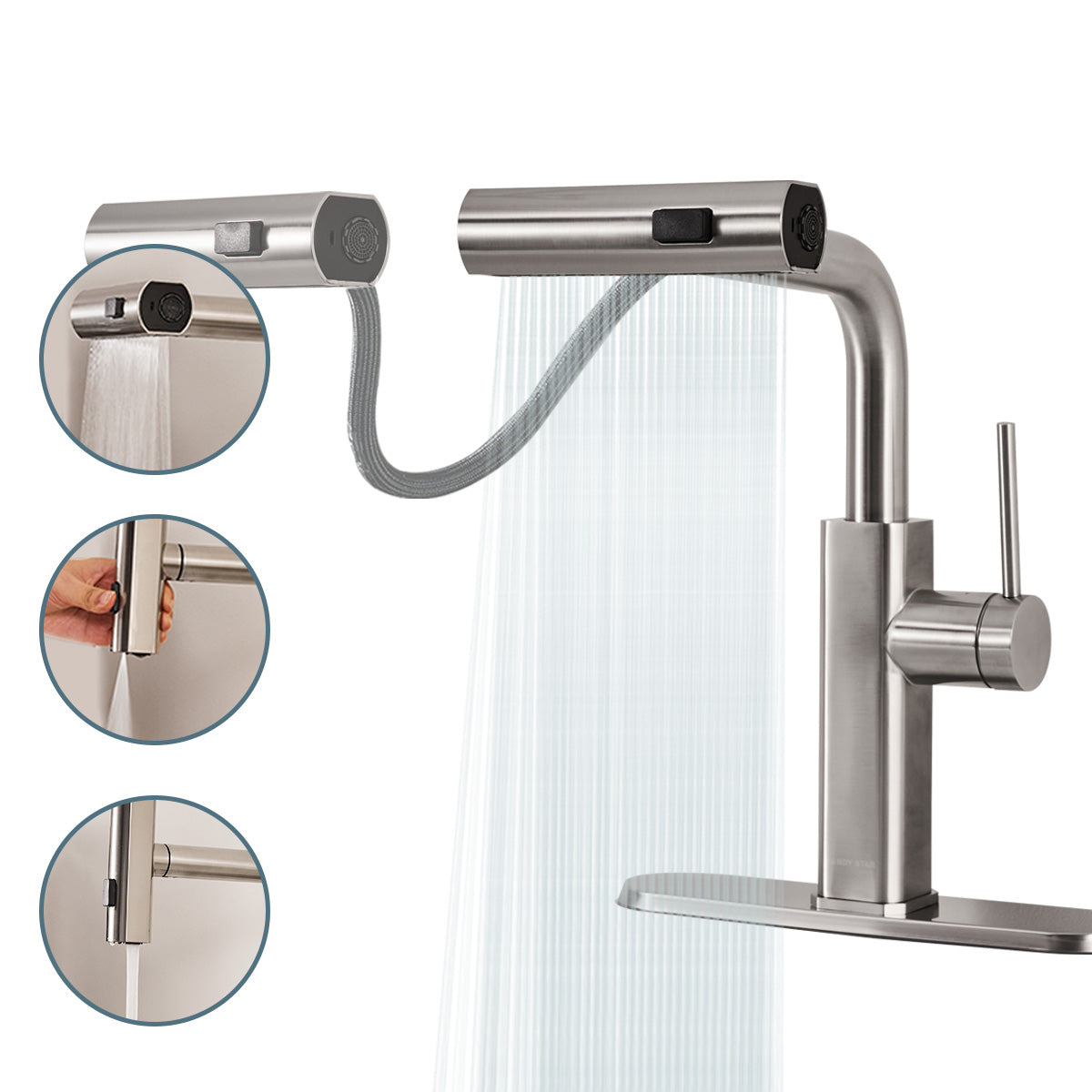 Modern Stainless Steel Single Hole Kitchen Faucet with Pull-Out Sprayer